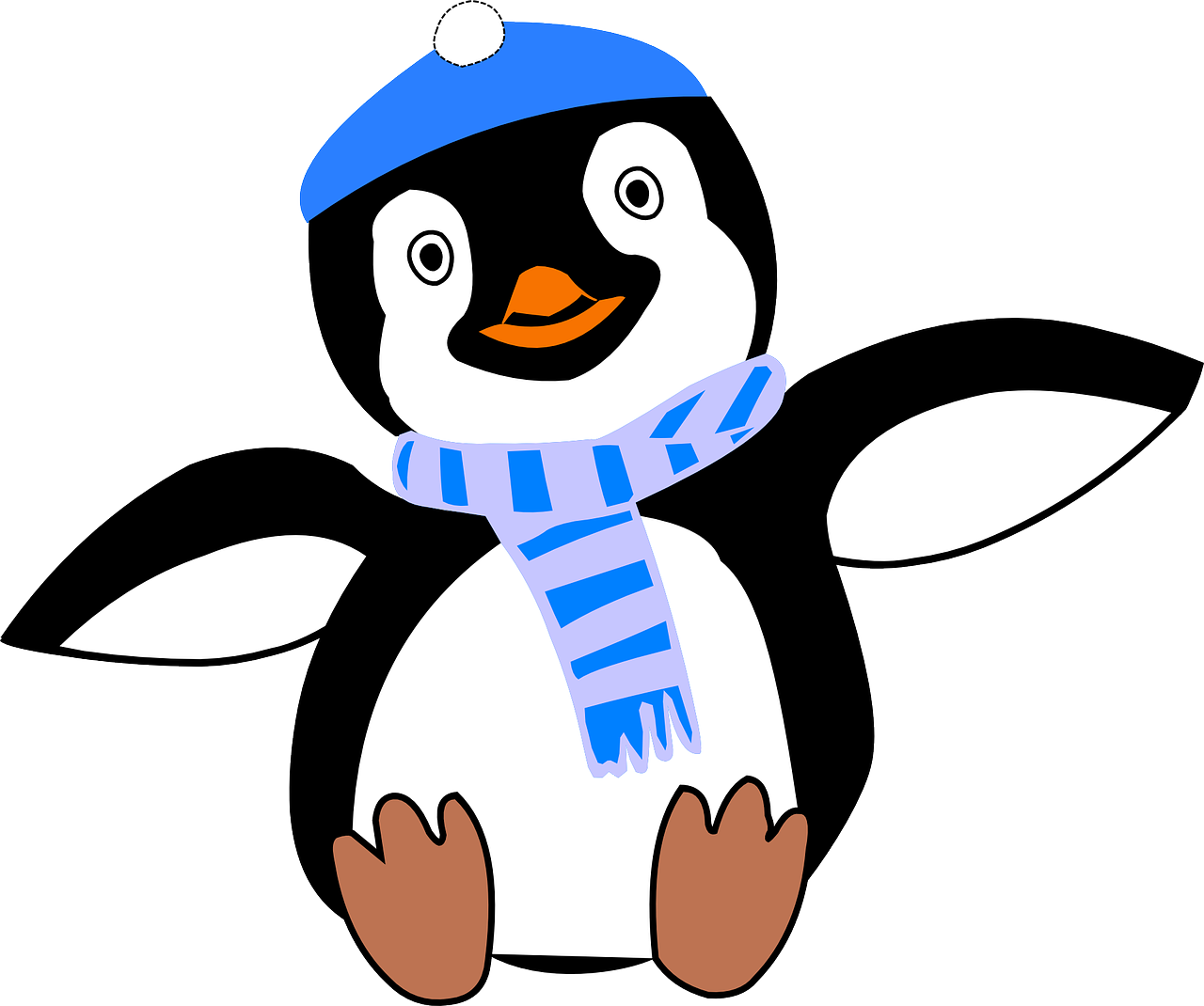 a penguin wearing a blue hat and scarf, an illustration of, figuration libre, his arms spread. ready to fly, clipart, seams, very handsome