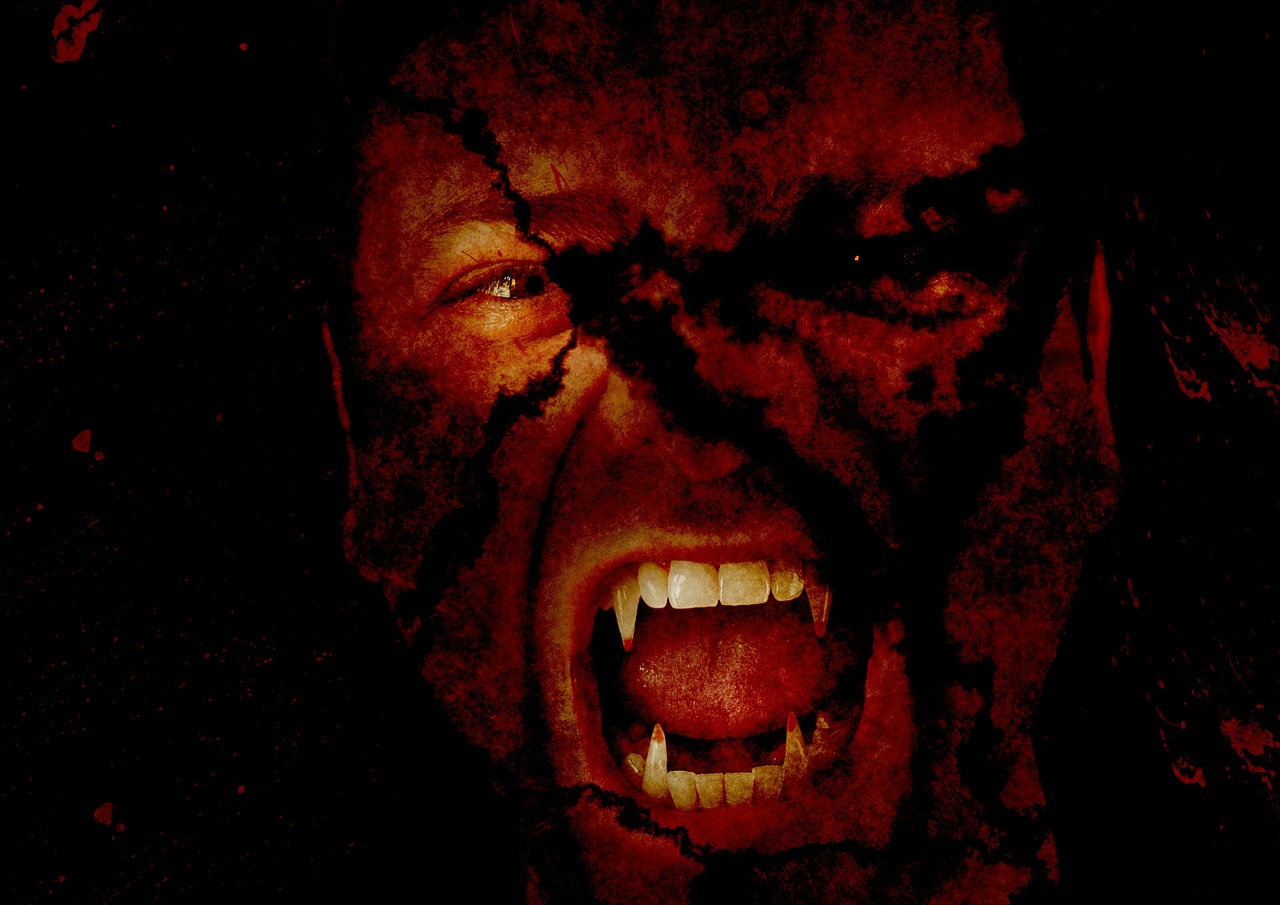 a close up of a person with a bloody face, a picture, by Aleksander Gierymski, auto-destructive art, karl urban as a dragonslayer, dracula fangs! haunted house, showing anger, werewolf”