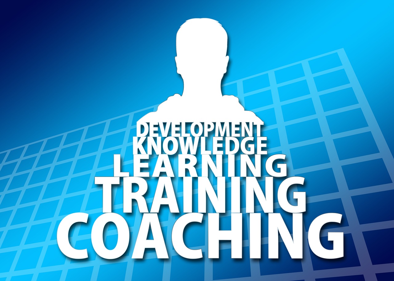 the words development, knowledge, learning, training, coaching on a blue background, professional profile picture, portlet photo, is a stunning, touring