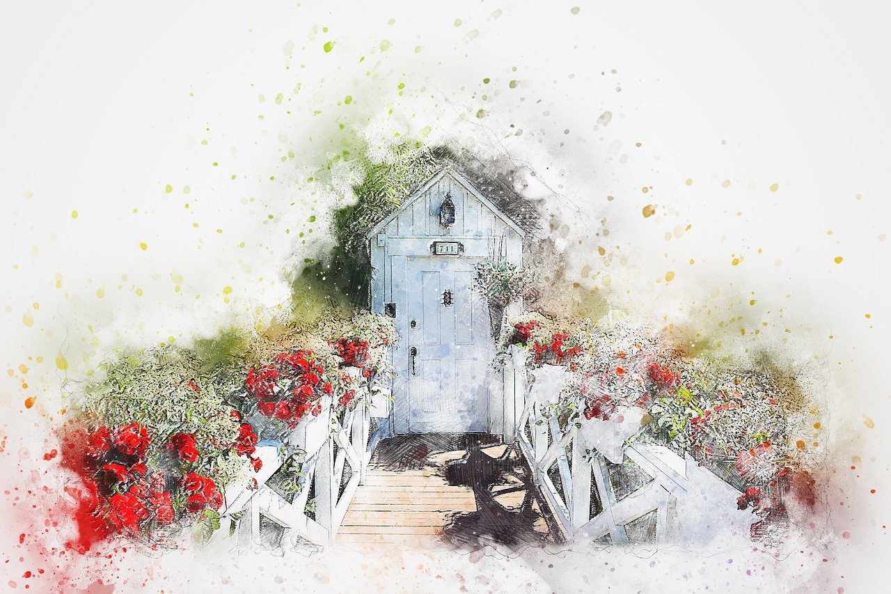 a watercolor painting of a house and a dog, by Alice Prin, pixabay contest winner, art photography, portal made of roses, fairyland bridge, shed, gate