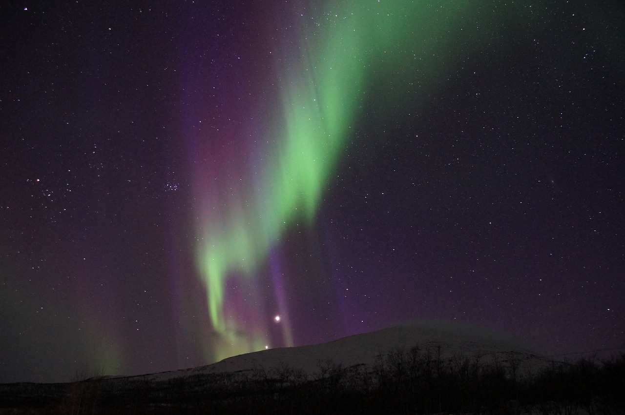 a sky filled with lots of green and purple lights, by Eero Snellman, hurufiyya, discovered photo, wikimedia, winter night, ear