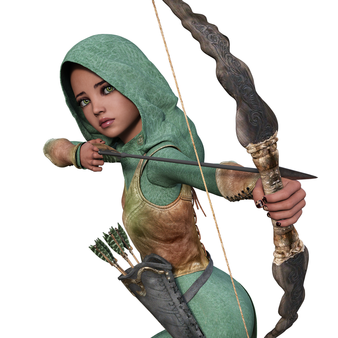 a woman dressed in green holding a bow and arrow, zbrush central contest winner, petite girl, hood, dramatic serious pose, high resolution and detail