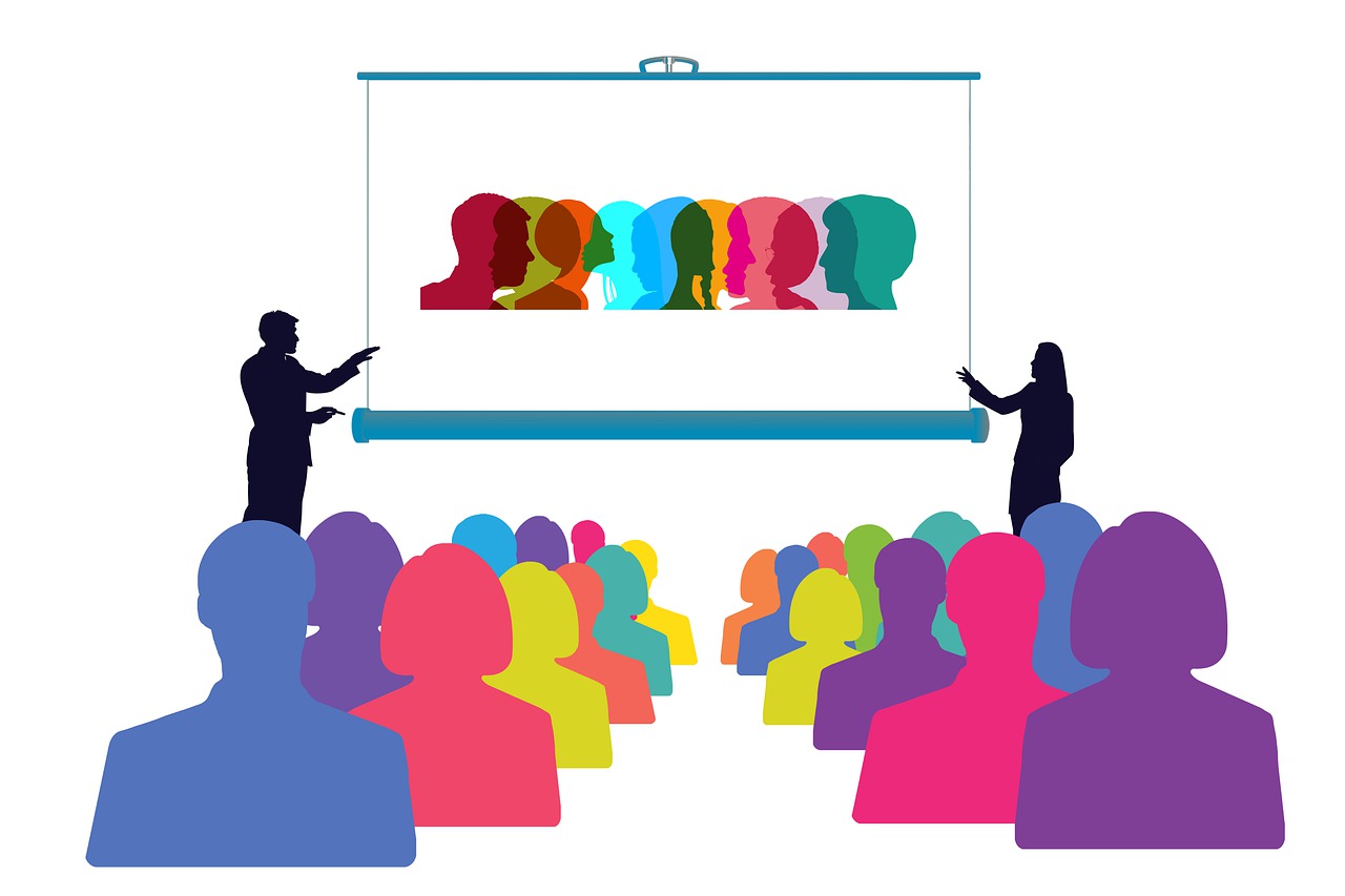 a man giving a presentation to a group of people, a digital rendering, by Allen Jones, shutterstock, polychromatic, theater, set against a white background, photo of a classroom