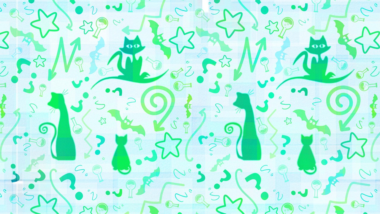 a pattern of cats and stars on a white background, inspired by Yanagawa Nobusada, deviantart, bright green swirls coming up it, question marks, magic lab background, けもの