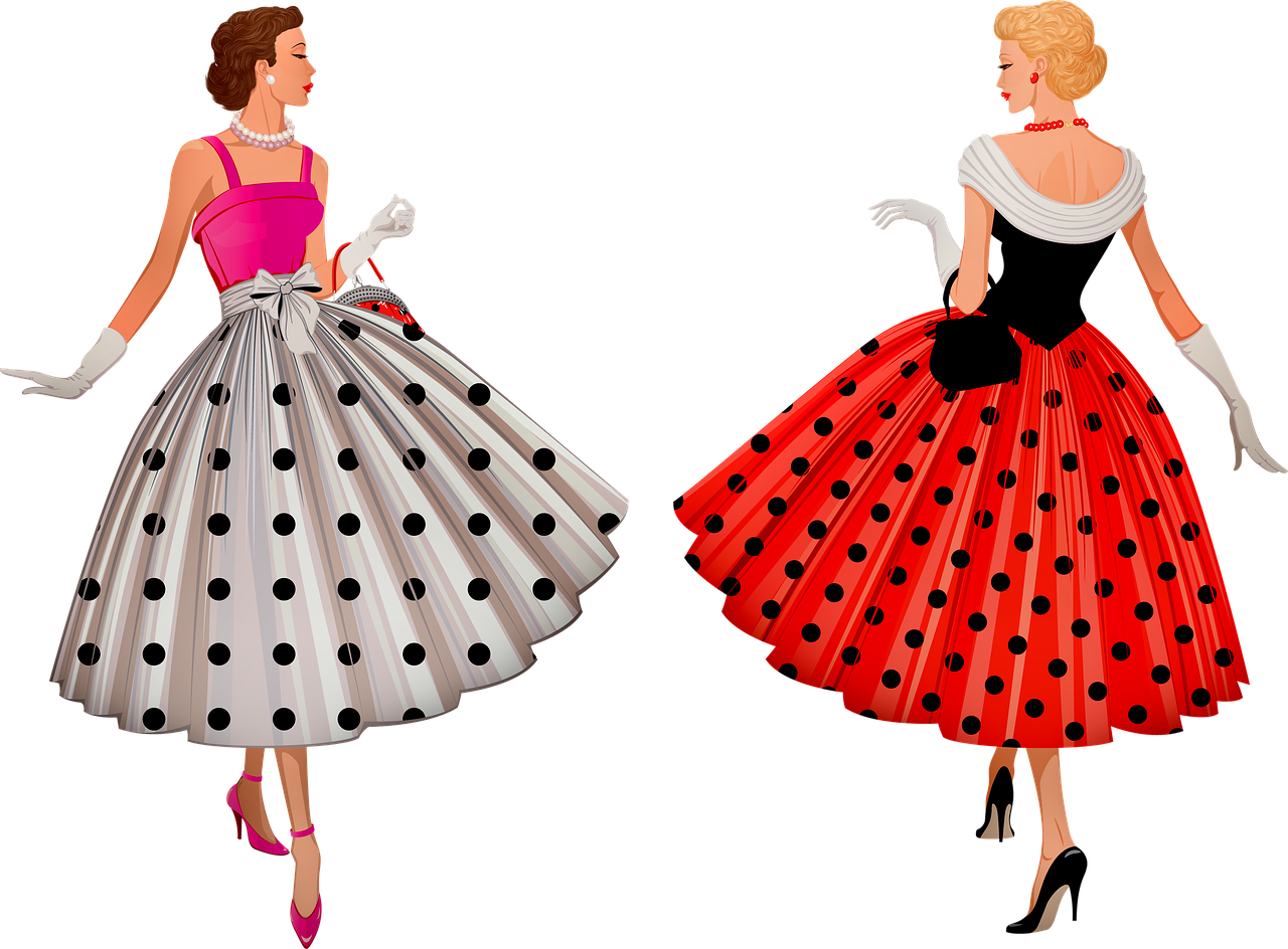 a woman in a polka dot dress and a lady in a polka dot dress, a digital rendering, by Wayne England, trending on pixabay, pop art, coated pleats, costume design, pink and red colors, high-waist-black-skirt