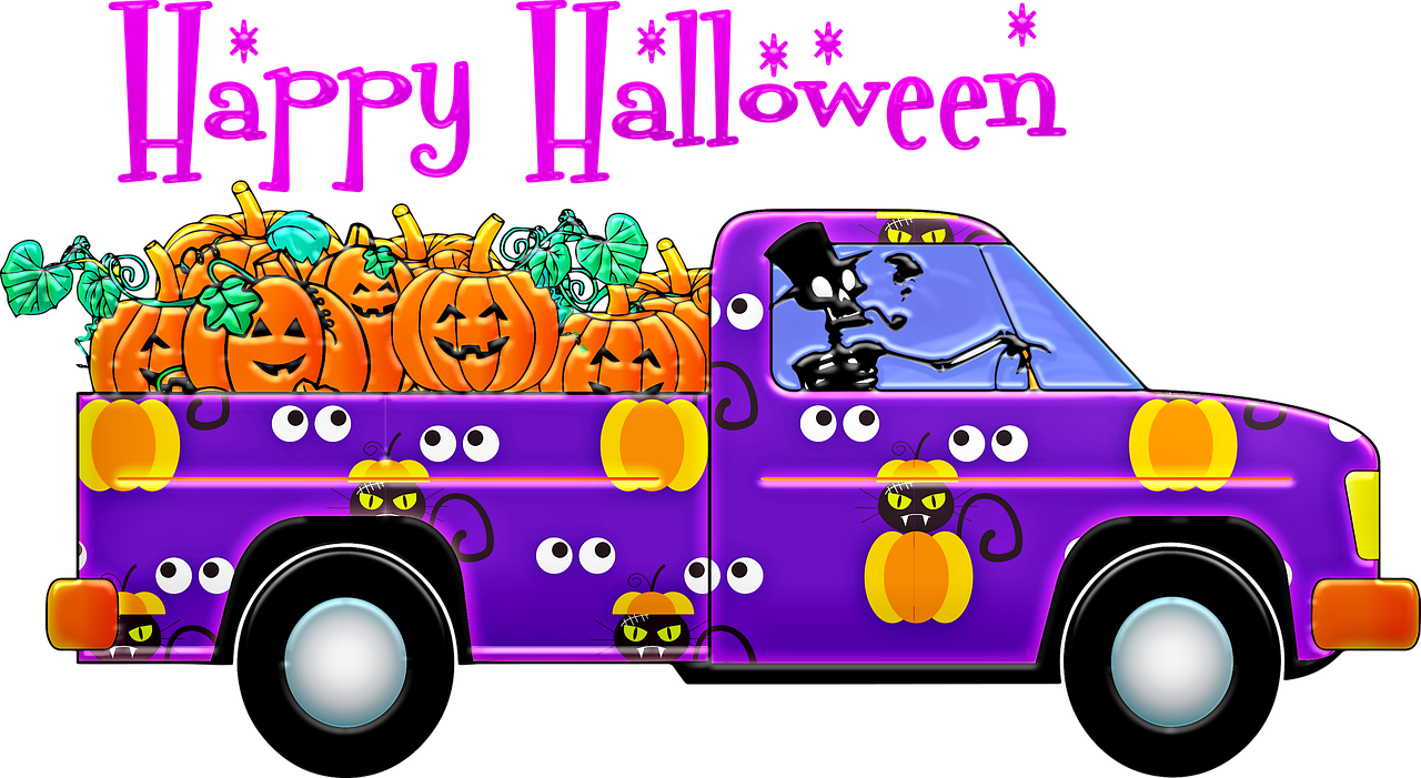 a purple truck with a sign that says happy halloween, a digital rendering, graffiti, 😃😀😄☺🙃😉😗, kitty, etc, wallpaper - 1 0 2 4