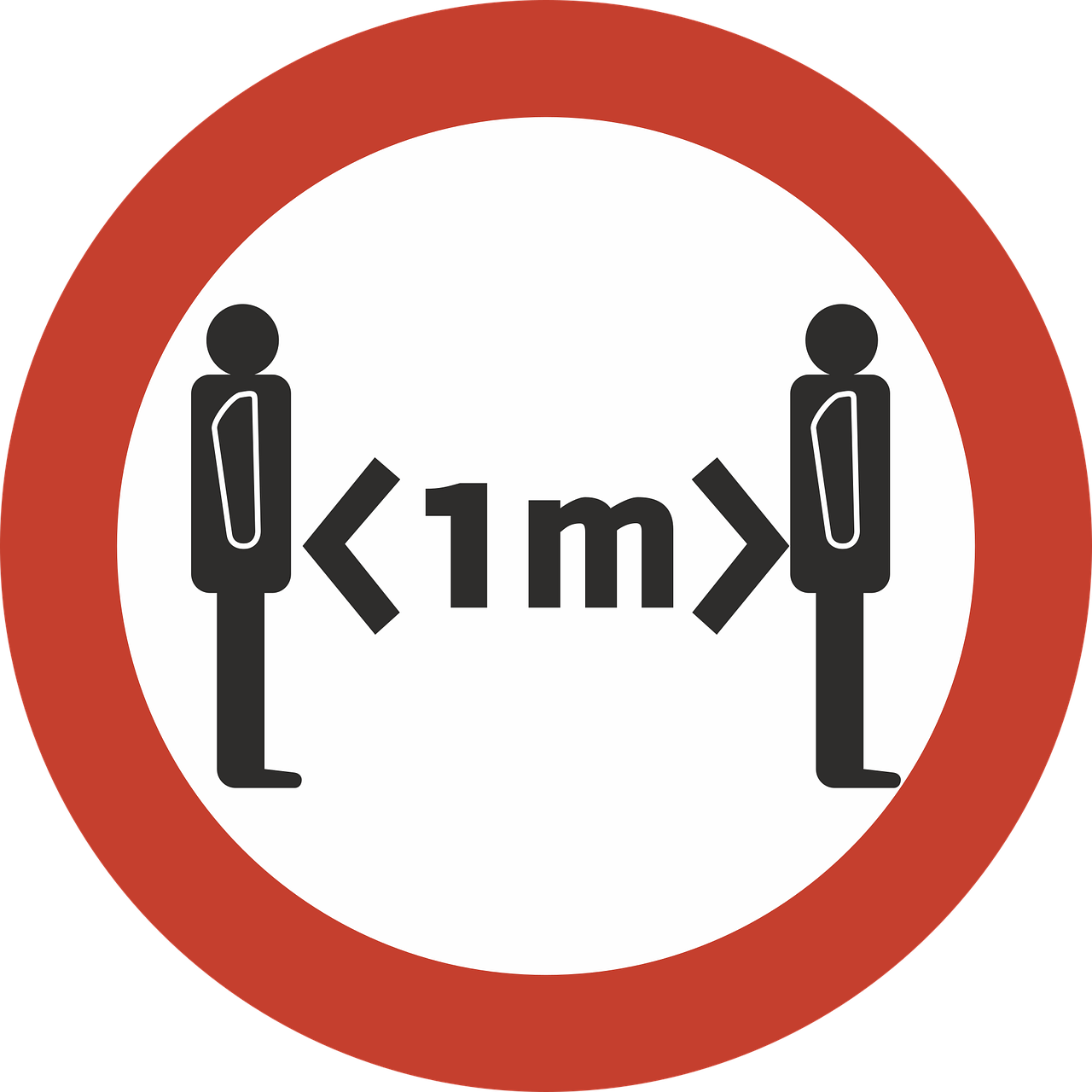 a red and white sign with two men standing next to each other, by Mirko Rački, pixabay, excessivism, mathematical interlocking, siting on a toilet, on a flat color black background, 1km tall