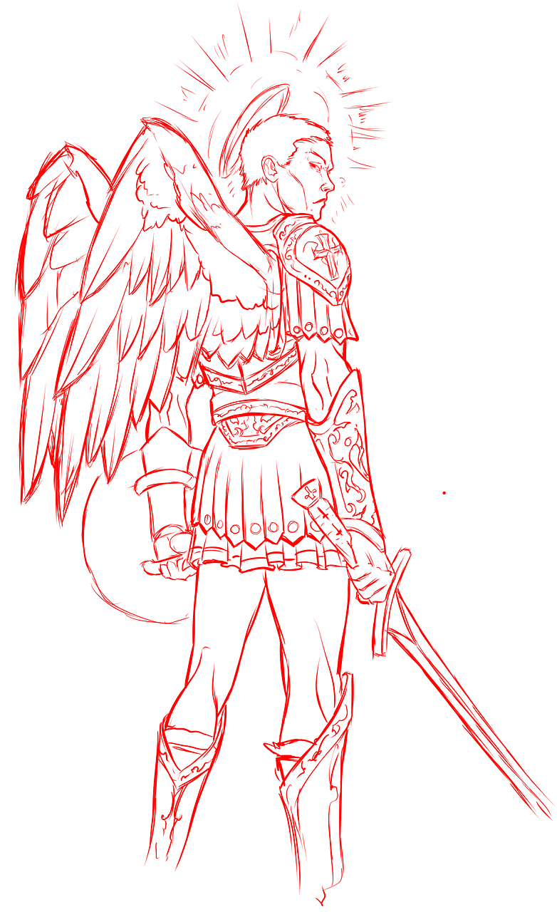 a drawing of an angel holding a sword, lineart, inspired by Li Chevalier, process art, red heavy armor, laser wip, rainbow line - art, chicken feather armor