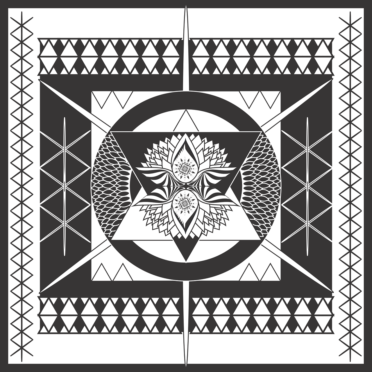 a black and white drawing of a flower, geometric abstract art, hieroglyphic occult, artistic tribal patterns, art cover illustration, created in adobe illustrator