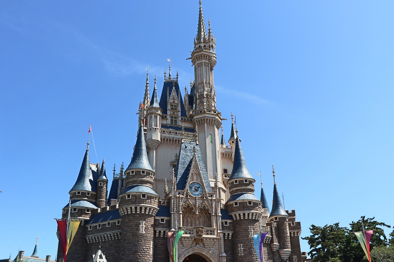 a group of people standing in front of a castle, by disney, pixabay, clear blue skies, arasaka, stock photo, very detailed picture
