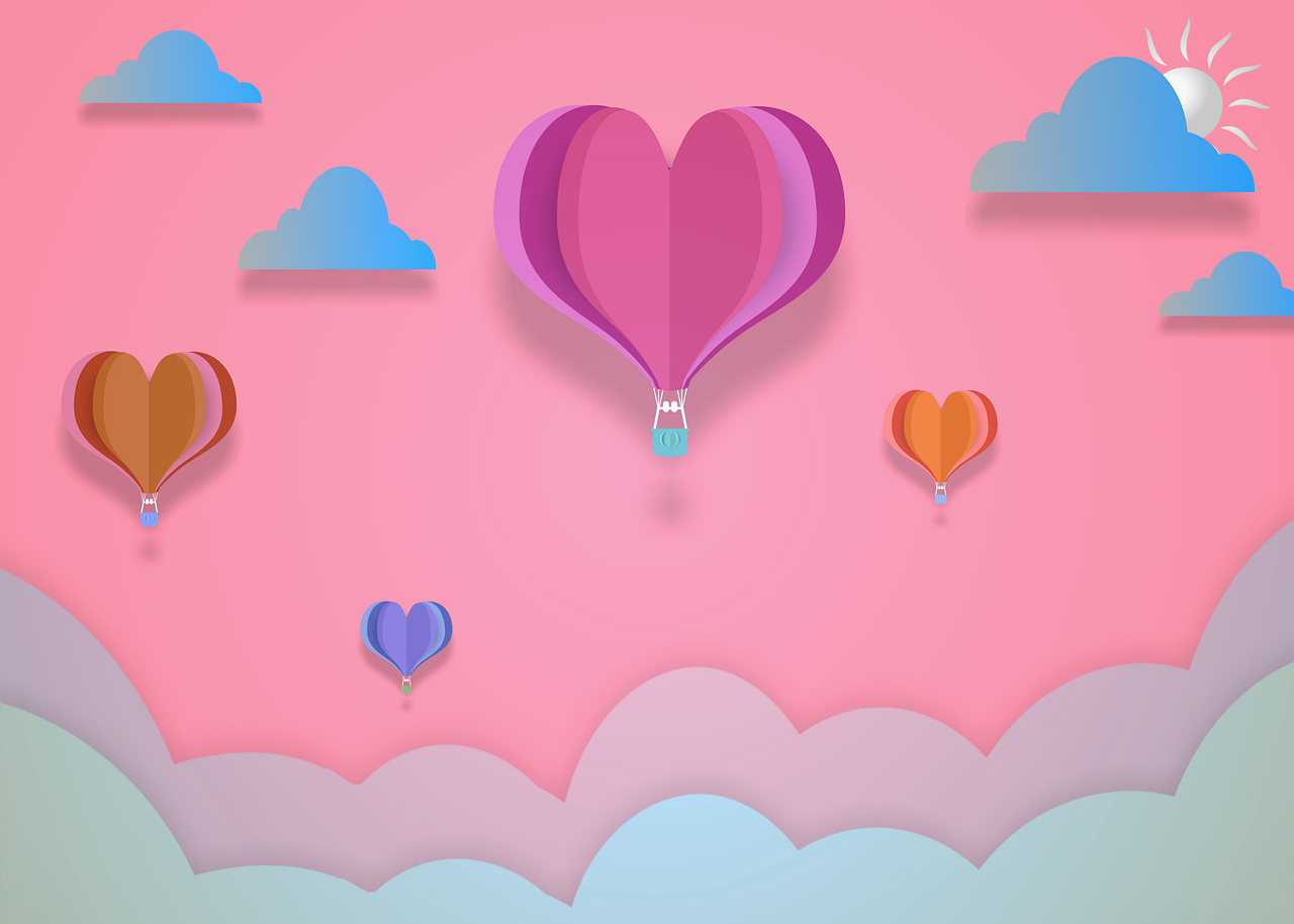 a couple of hot air balloons flying through the sky, vector art, by Valentine Hugo, trending on pixabay, conceptual art, 3d flat layered paper shadow box, pink cloudy background, heart, 4 k hd wallpaper illustration