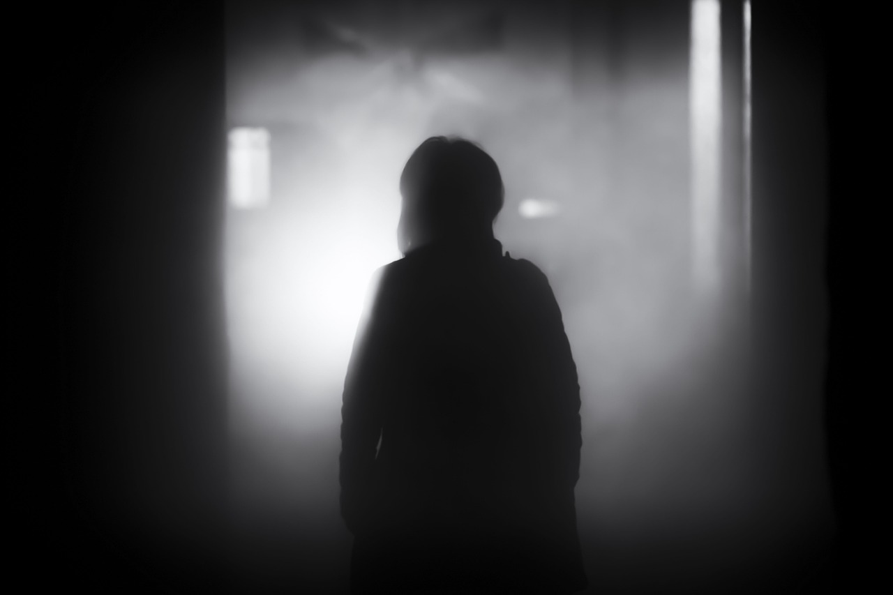 a silhouette of a person standing in a dark room, a black and white photo, pexels contest winner, foggy volumetric light morning, backlit shot girl in parka, people's silhouettes close up, ryoji