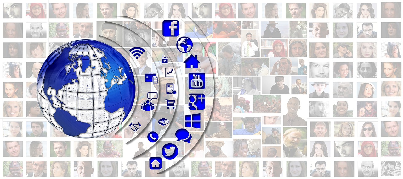 a globe surrounded by many pictures of people, a photo, pixabay, digital art, facebook profile picture, pc screen image, circular, ad image
