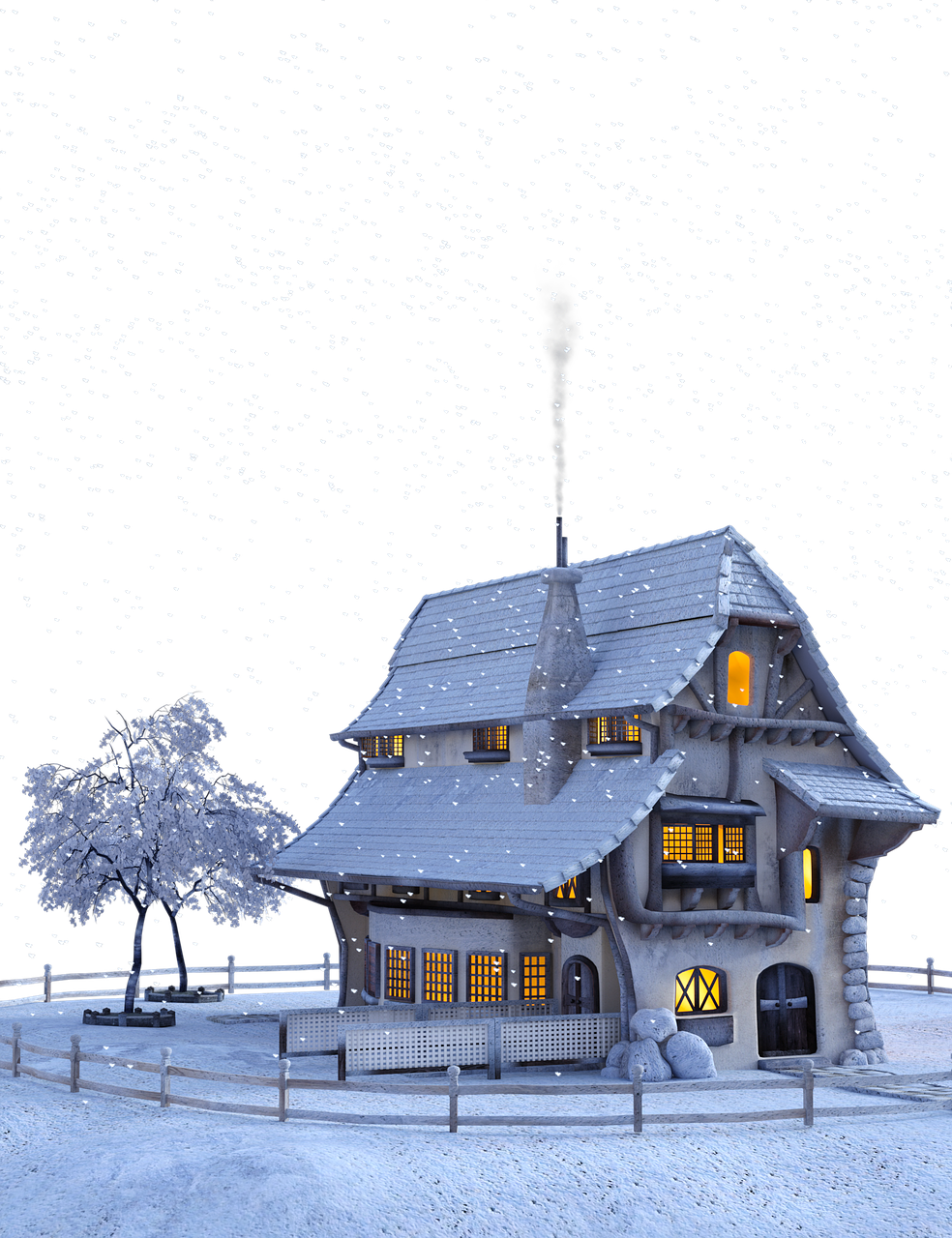 a house sitting on top of a snow covered field, a digital rendering, christmas night, closeup photo, very detailed photo, hight decorated