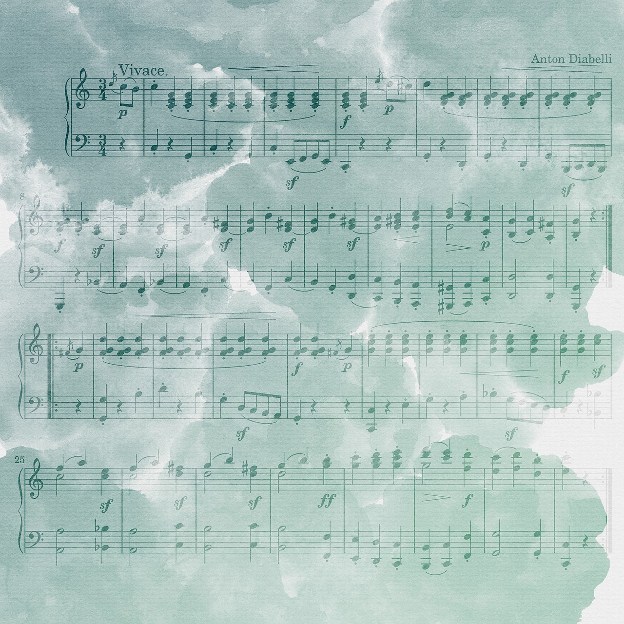 a sheet of music sitting on top of a table, by Amelia Peláez, shutterstock, baroque, floating. greenish blue, watercolor texture, misty clouds, face made of notation