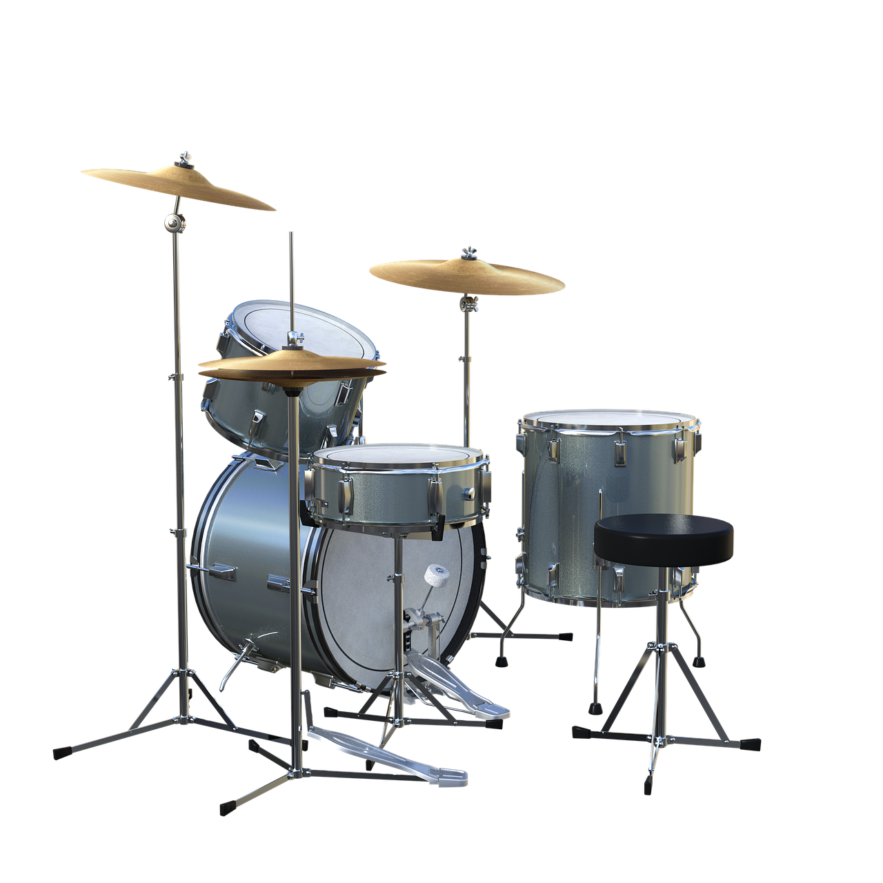 a close up of a drum set on a black background, a 3D render, polycount, high detail product photo, highly realistic photo, gleaming silver and rich colors, digital art. photo realistic