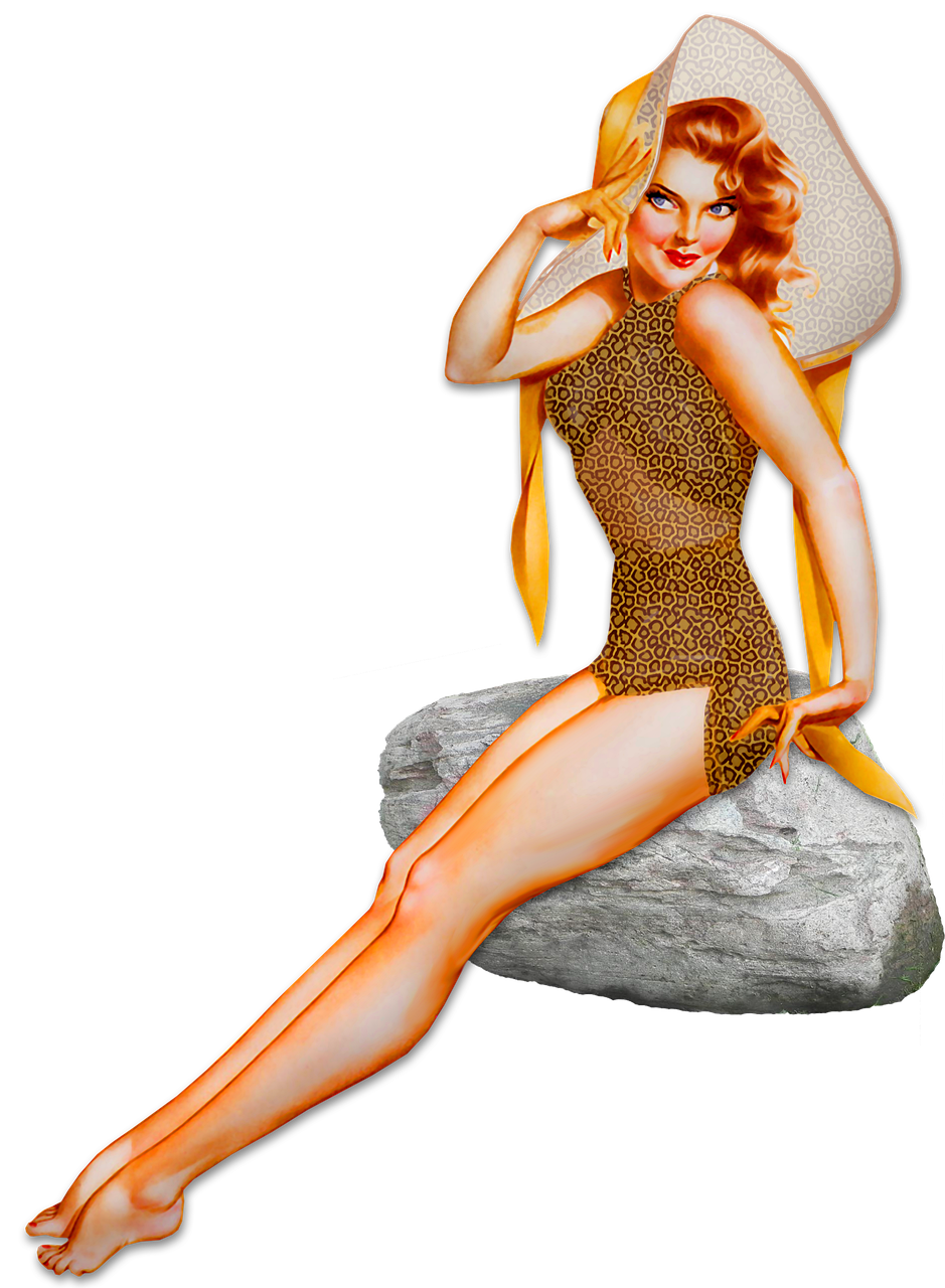 a pinup girl sitting on top of a rock, inspired by Bunny Yeager, flickr, pop art, mesh, liquid gold, on a mannequin. high resolution, like rolf armstrong style