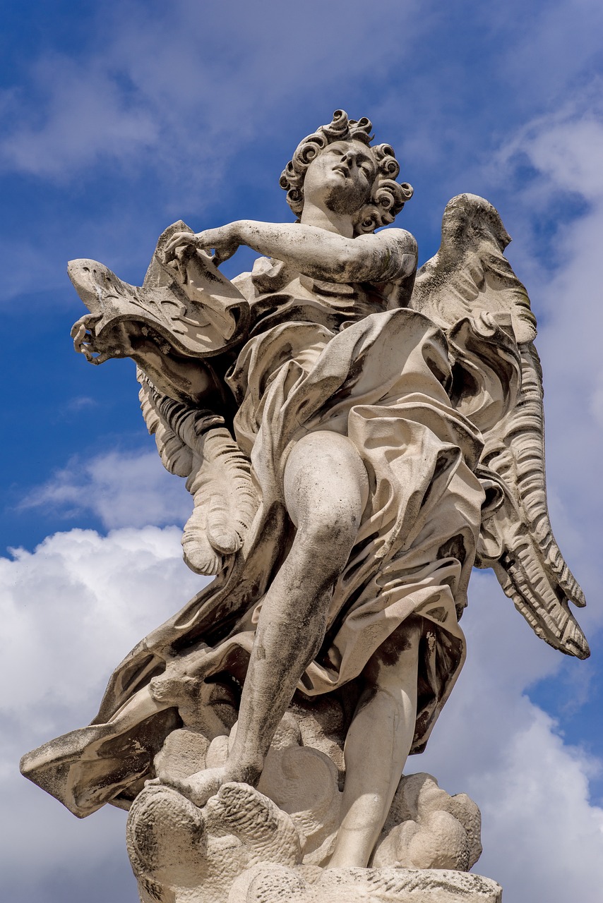 a statue of an angel on top of a building, inspired by Gian Lorenzo Bernini, baroque, clouds and wings and waves, young handsome pale roma, 17th-century, high resolution photo