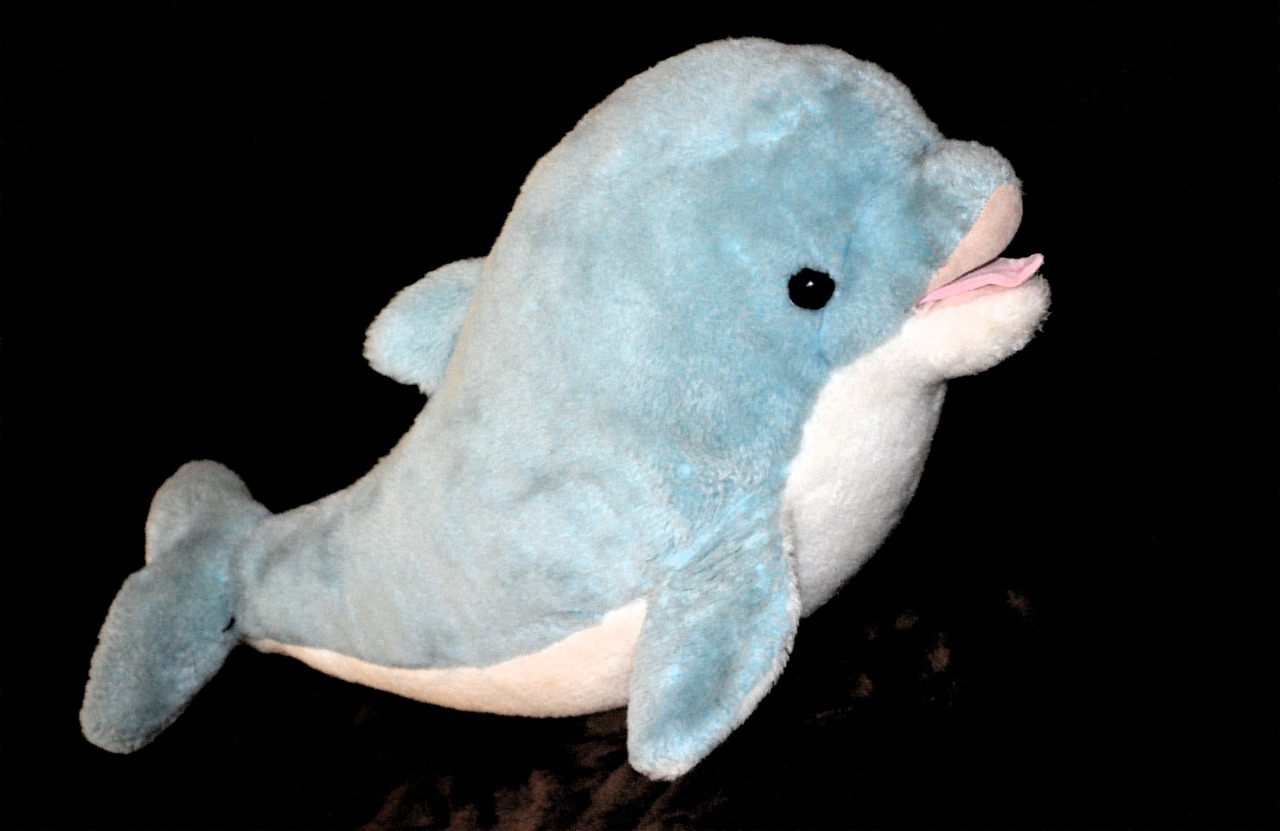 a close up of a stuffed dolphin on a black background, flickr, aquamarine, a large, sitting, full profile