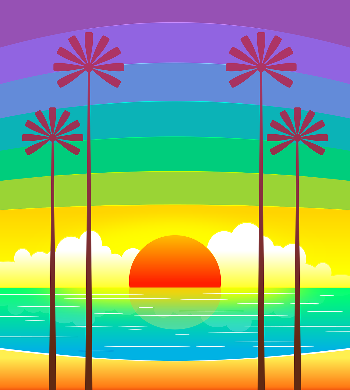 a colorful sunset with palm trees in the foreground, an illustration of, inspired by Lisa Frank, art deco, simple and clean illustration, rainbow stripe background, sunbathing. illustration, seventies era