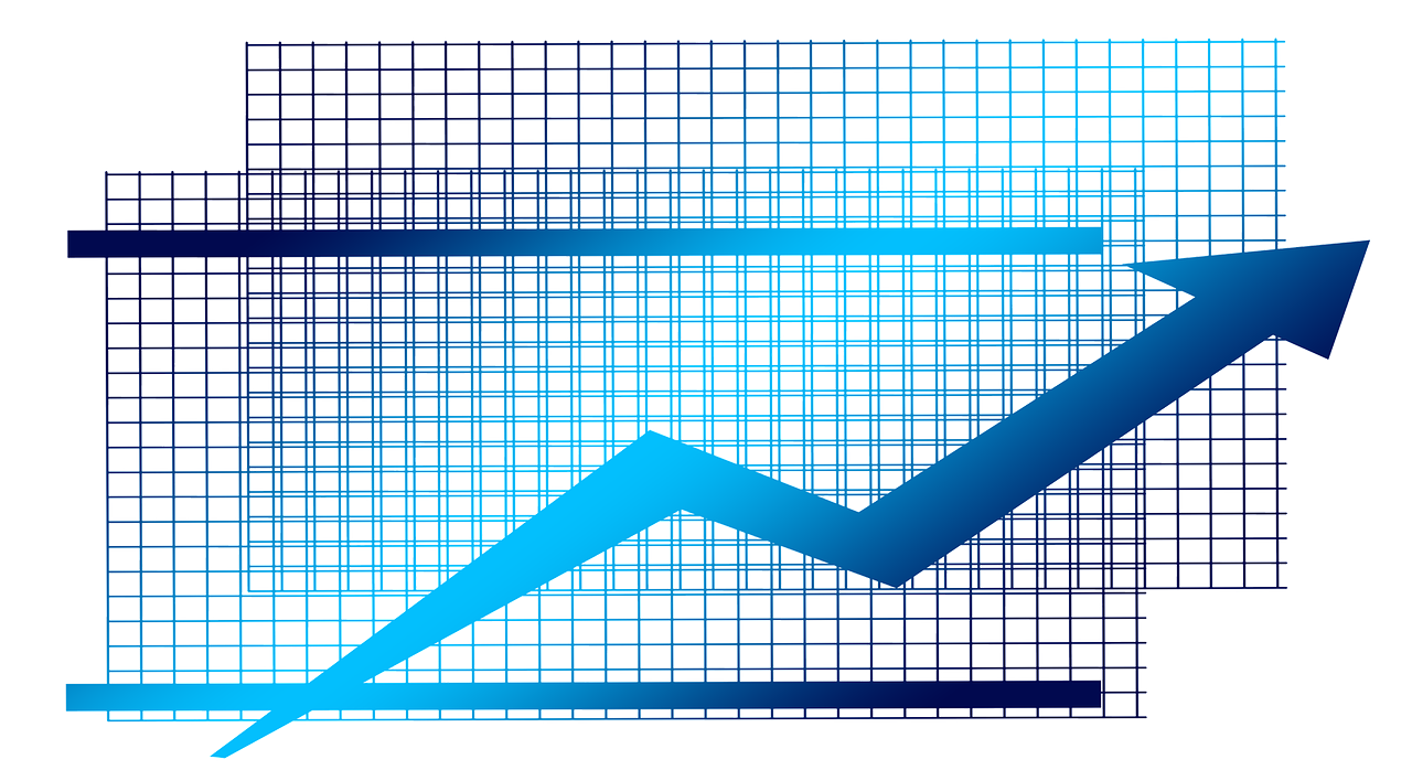 a graph with an arrow pointing upward, by Vladimír Vašíček, computer art, blue metal, detailed grid as background, market, torn mesh