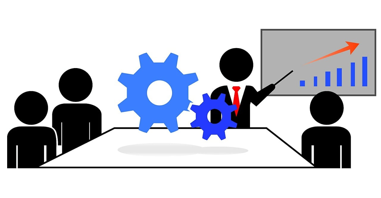 a man giving a presentation to a group of people, a diagram, trending on pixabay, constructivism, mechanical gear, inkscape, ((gears)), mid shot photo