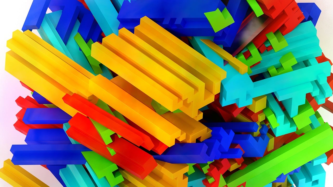 a pile of colorful plastic blocks sitting on top of each other, geometric abstract art, pc wallpaper, colorful energetic brush strokes, colorful signs, fractals background