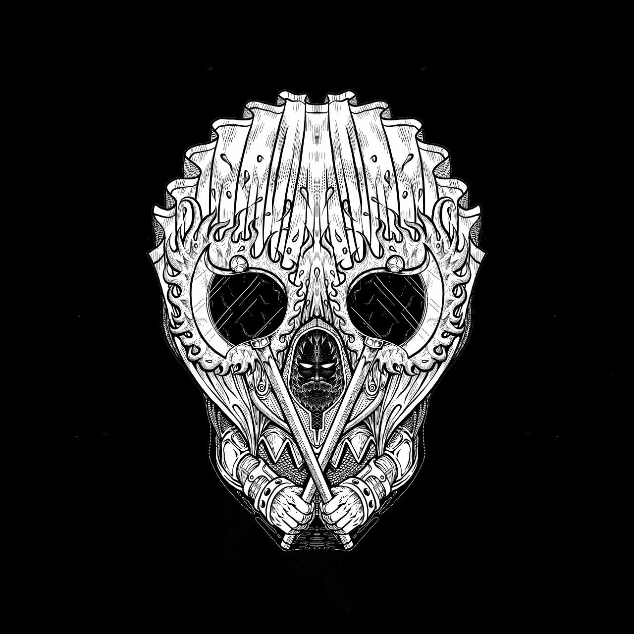a black and white drawing of a skull, vector art, by Patrick Adam, vanitas, metal mask, symmetrical artwork. cinematic, metal album cover, threyda