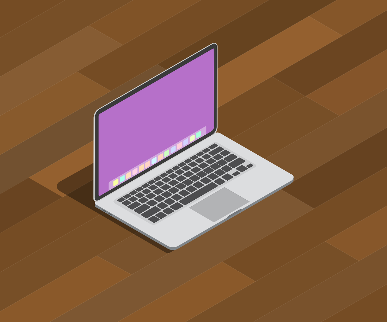 a laptop computer sitting on top of a wooden table, a computer rendering, isometric pixel art, gradient light purple, smooth illustration, laptops