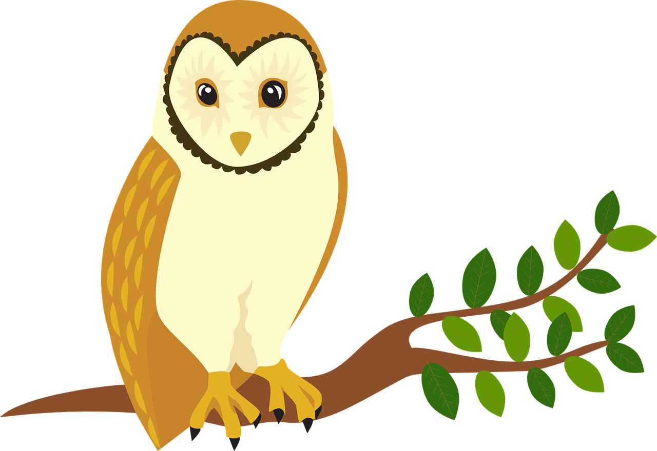 an owl sitting on a branch of a tree, a digital rendering, pixabay, mingei, bird\'s eye view, clean lineart and flat color, large glowing eyes, amber