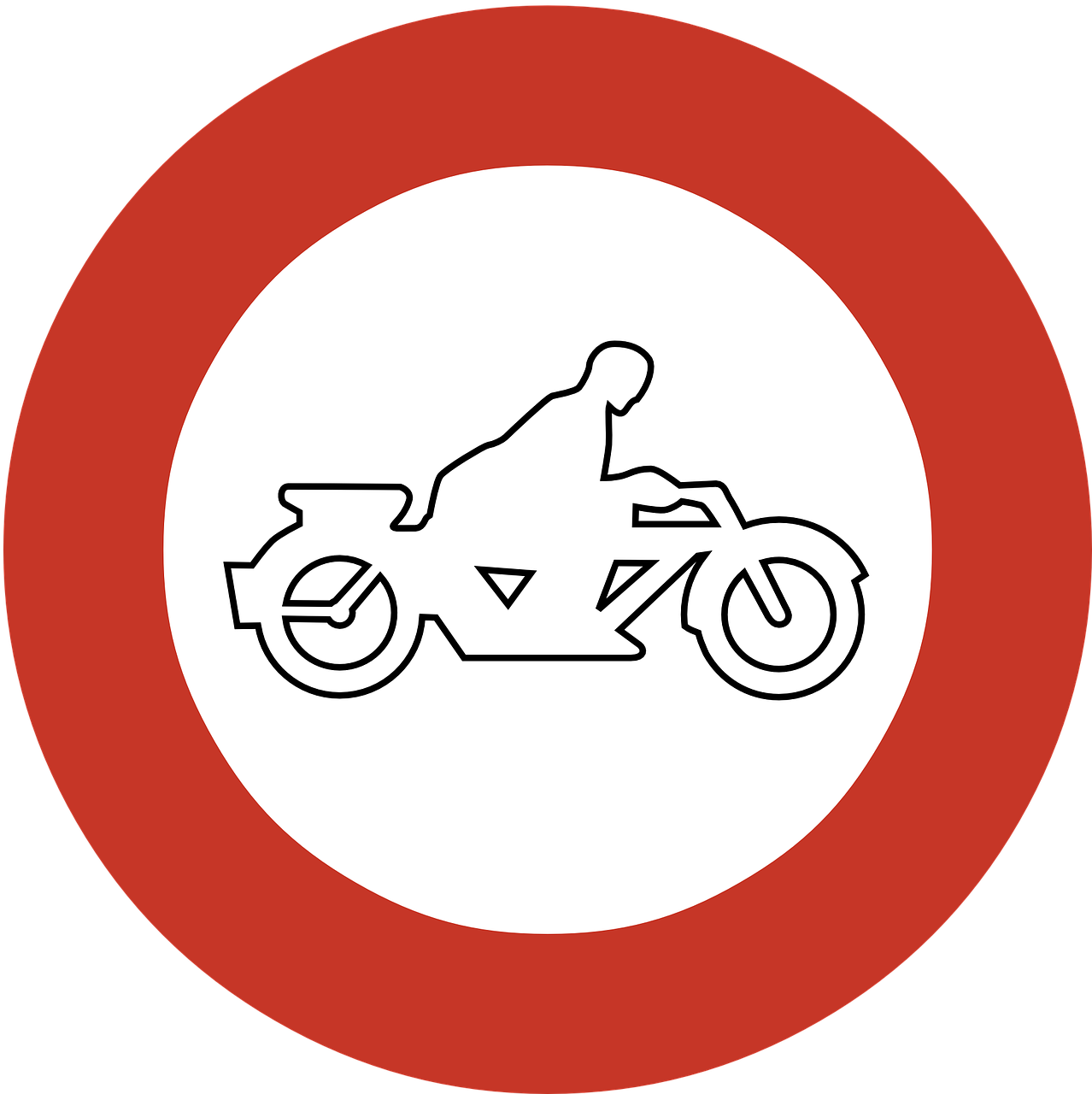 a red and white sign with a picture of a person riding a motorcycle, by Zoran Mušič, pixabay, conceptual art, all enclosed in a circle, clean line art, emergency countermeasures, speeder