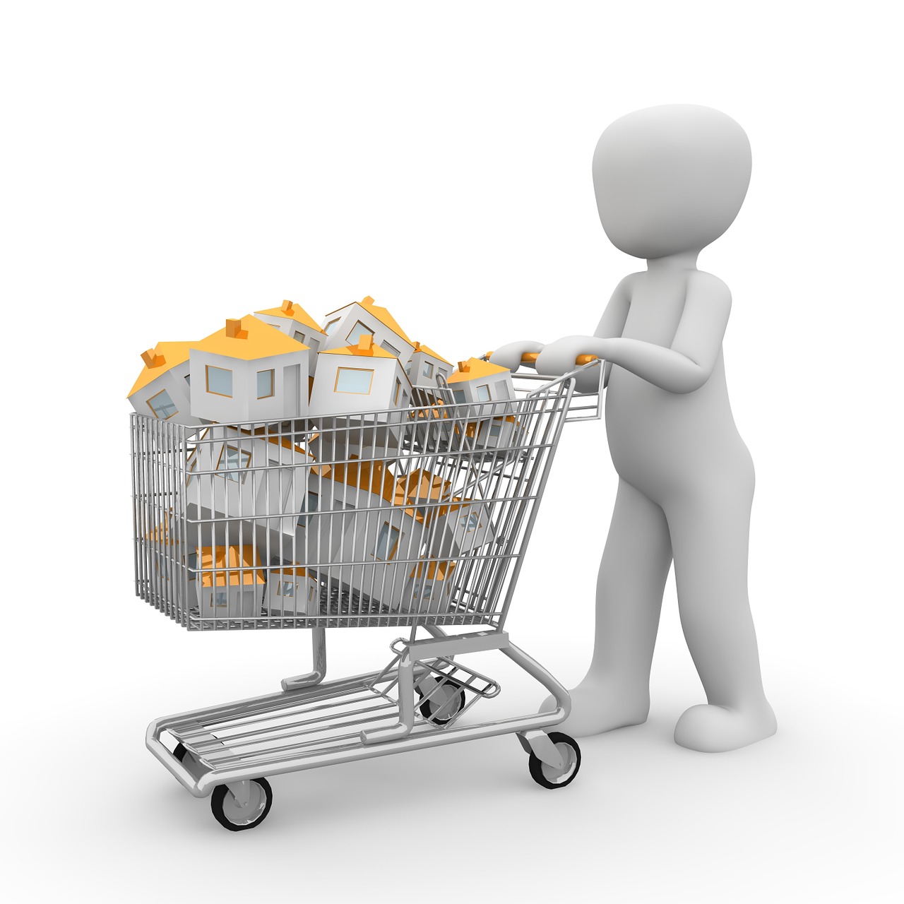 a person pushing a shopping cart full of houses, a digital rendering, by Harold Elliott, pixabay contest winner, isolated on whites, shopping groceries, 3 d cg, cream