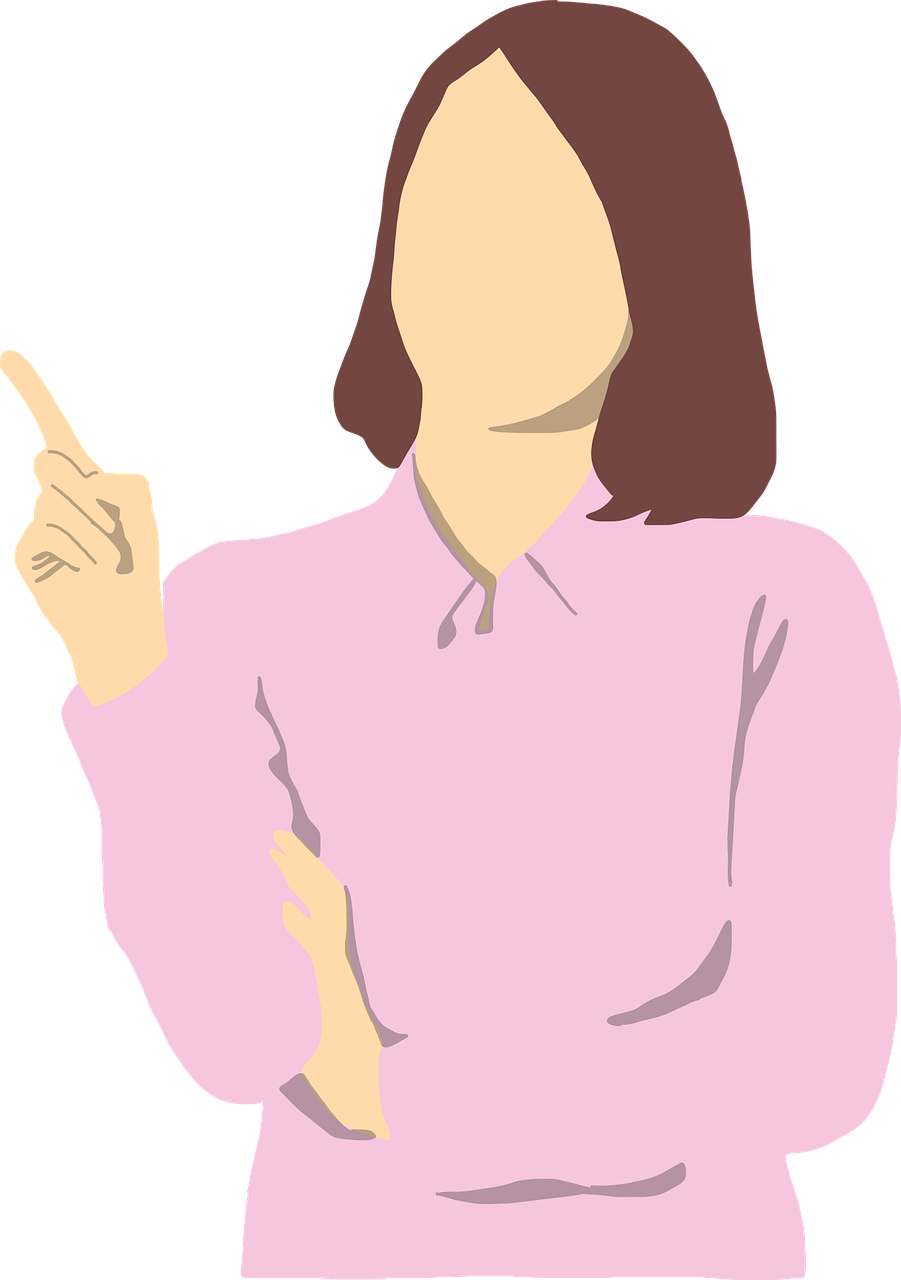 a woman in a pink shirt pointing at something, pixabay, digital art, vectorized, woman in black business suit, wearing a light shirt, wife