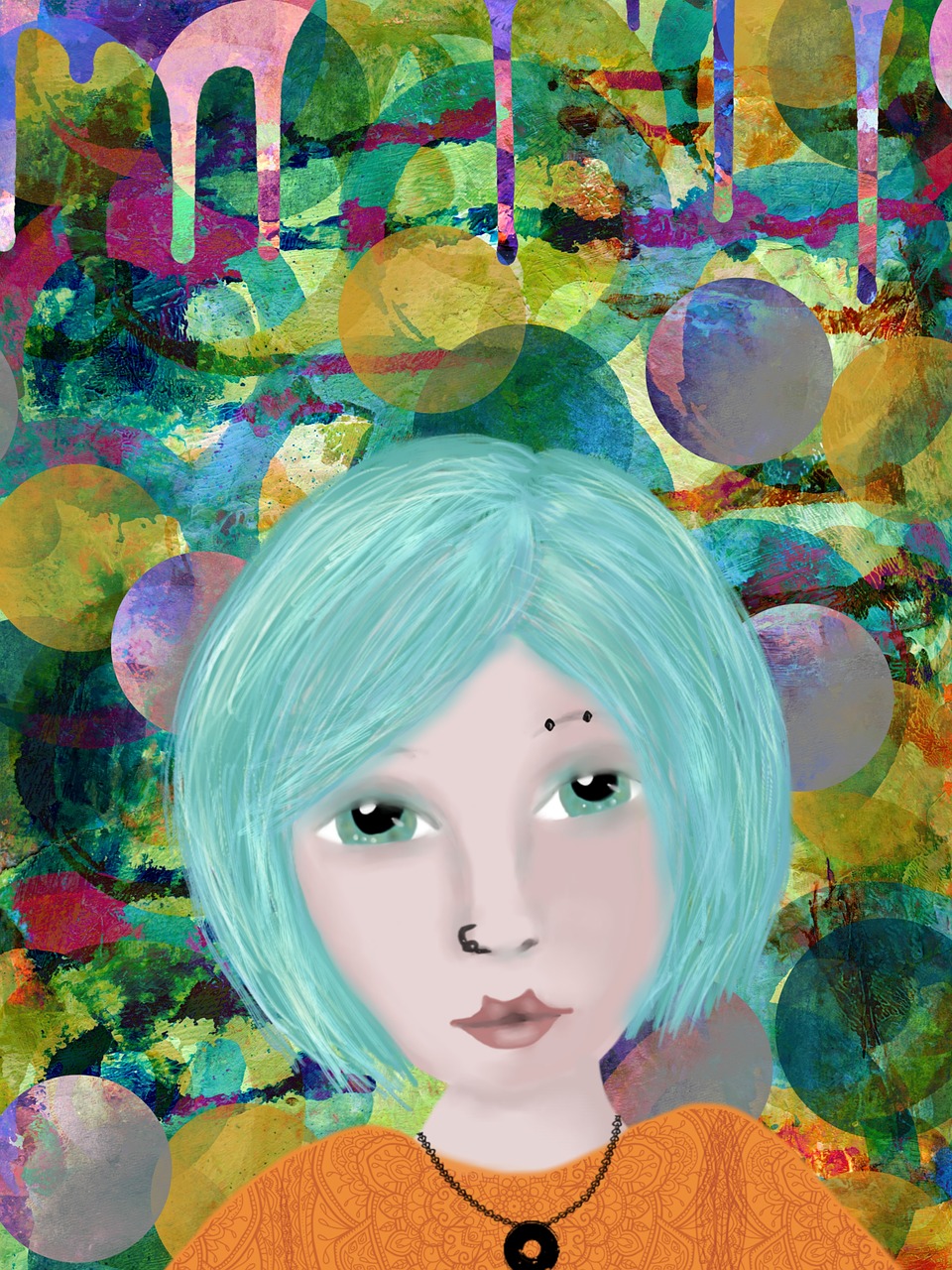 a digital painting of a woman with blue hair, a digital painting, inspired by Nara Yoshitomo, digital art, magic world. colorful, mixed media with claymorphism, floating. greenish blue, childrens illustration