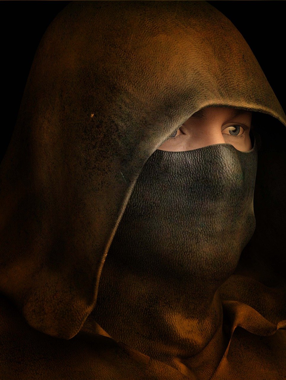 a close up of a person wearing a hood, zbrush central contest winner, digital art, medieval photograph, wearing bandit mask, close up portrait photo, brown cloak