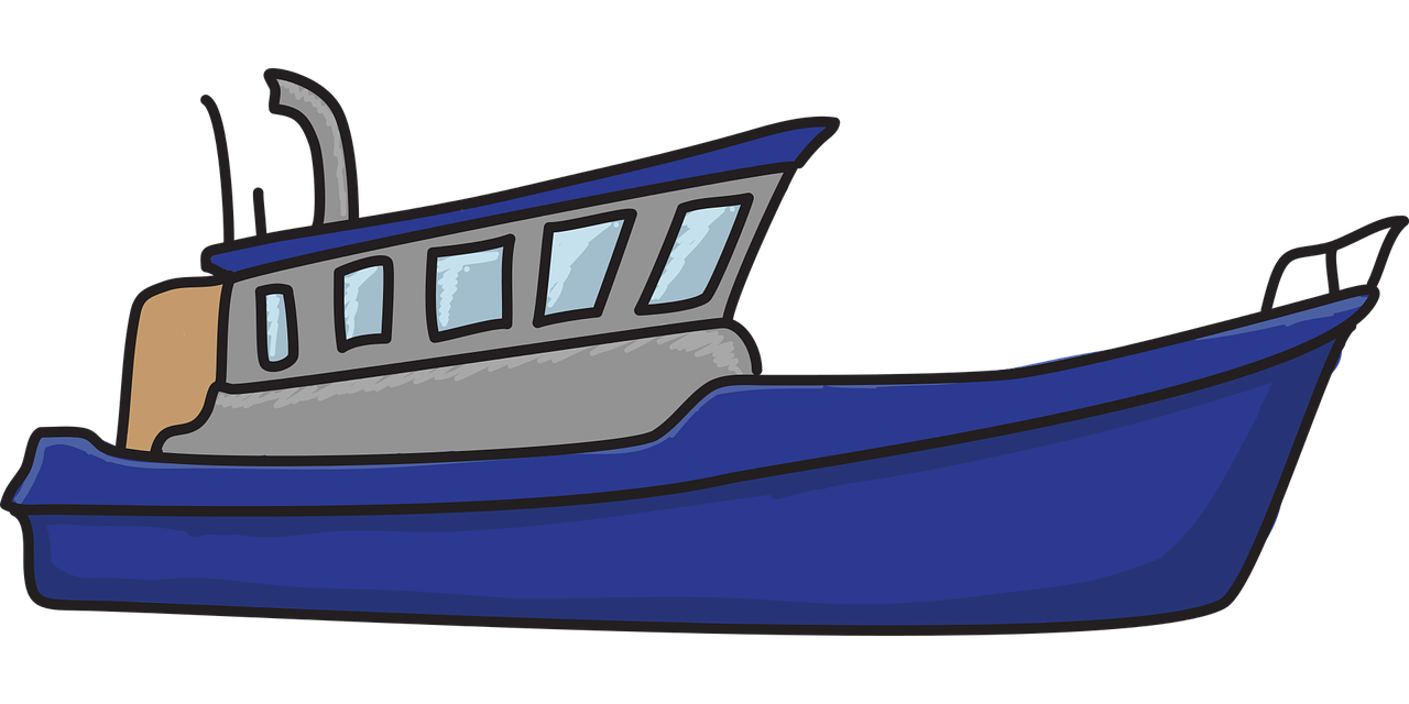 a blue boat floating on top of a body of water, a digital rendering, pixabay, cell shaded adult animation, fishing boat, on black background, right side profile