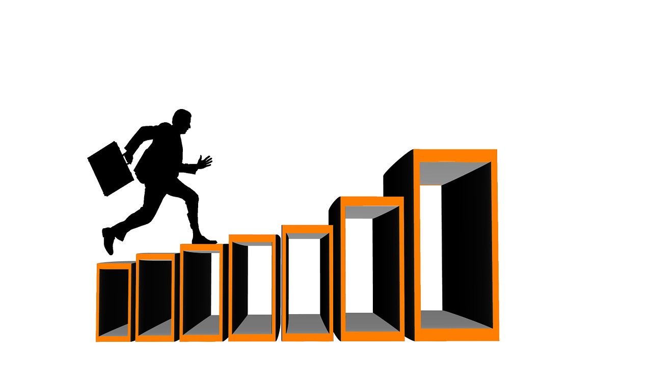 a man that is walking up some stairs, inspired by Jan Karpíšek, pixabay, happening, jumping, charts, podium, stacked image