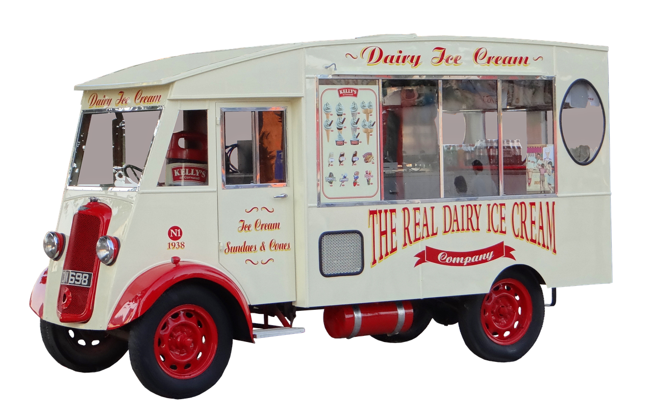 a red and white ice cream truck parked in front of a building, a digital rendering, by Dean Roger, shutterstock, art nouveau, vintage fridge, dean cornwall, commercial banner, wallace and gromit