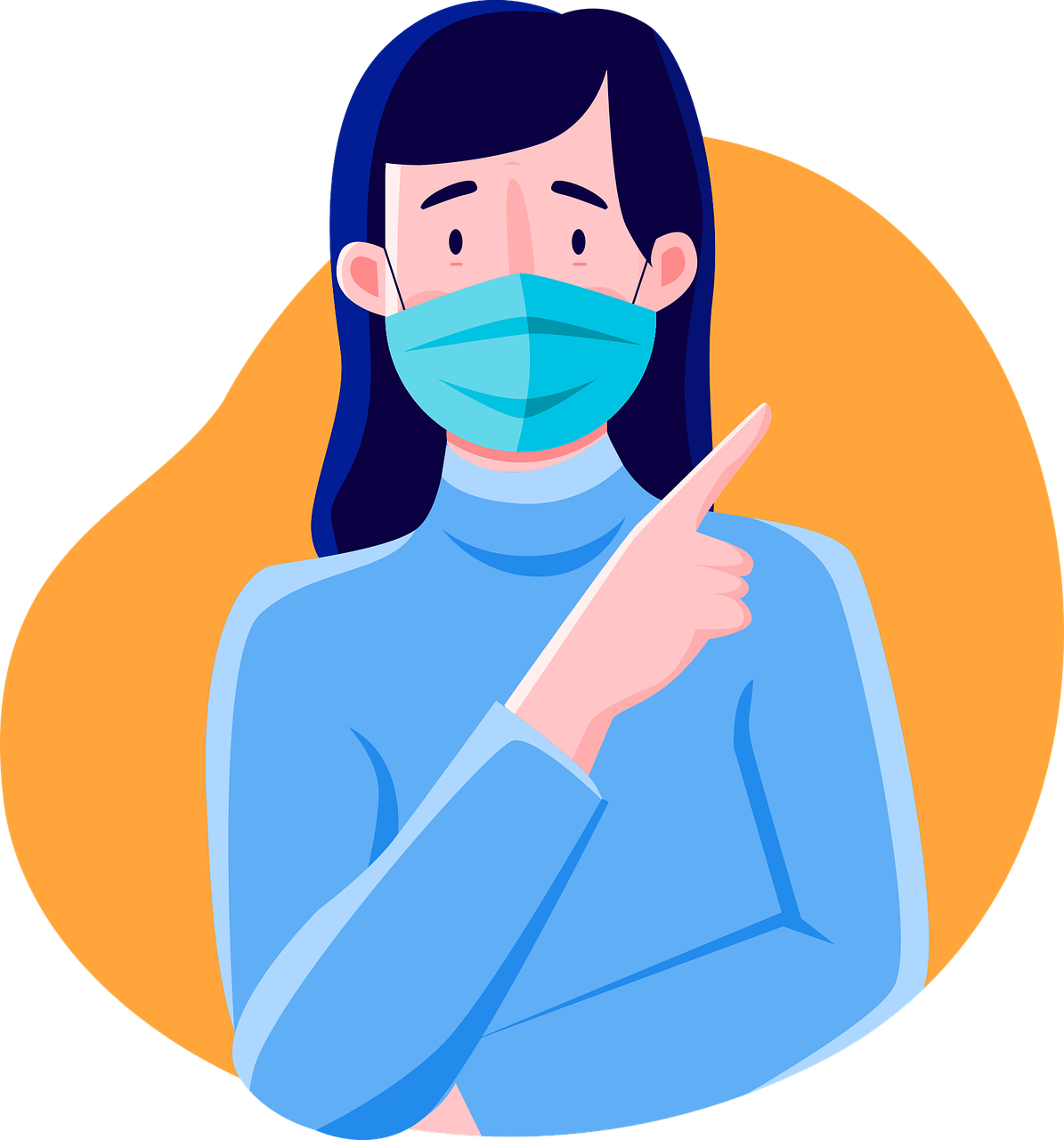 a woman in a face mask points at something, an illustration of, shutterstock, colorful vector illustration, with a pointed chin, with teal clothes, high detail illustration