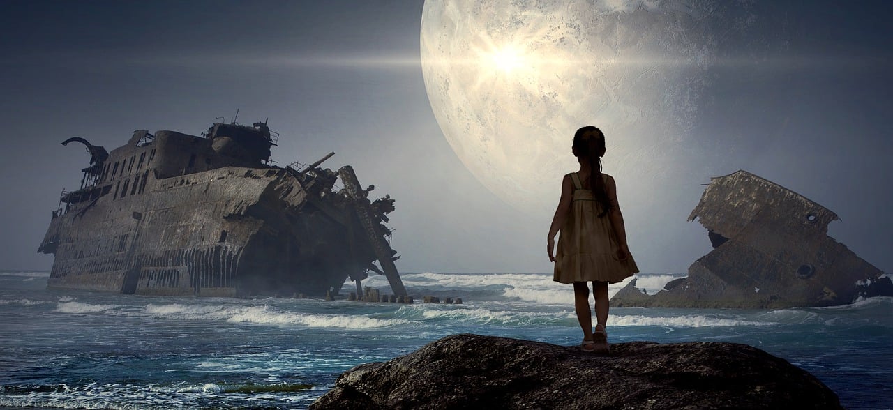 a woman standing on top of a rock next to the ocean, inspired by Wadim Kashin, digital art, little girl meets robot, moon, girl with warship parts, photo manipulation
