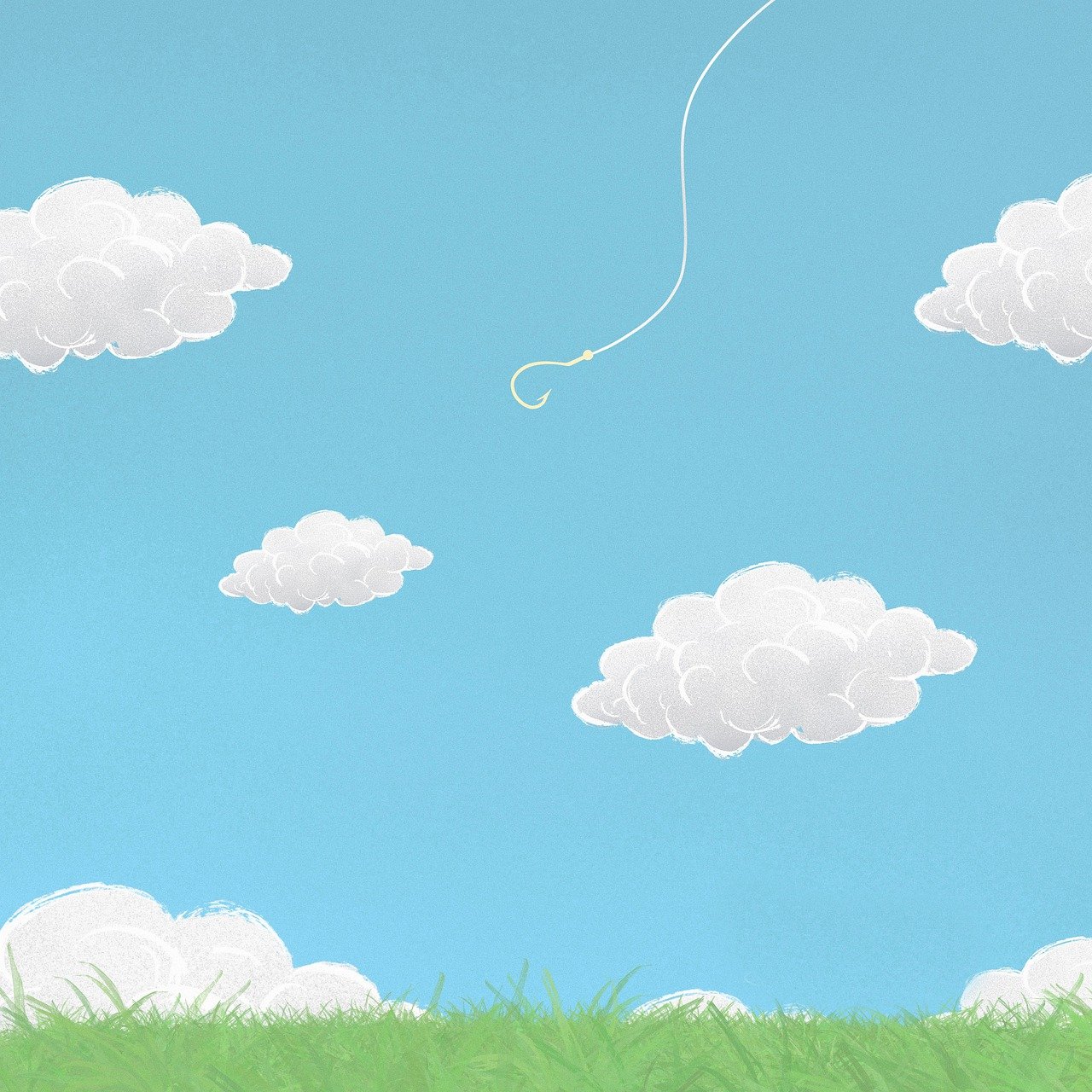 a painting of a person flying a kite in the sky, concept art, inspired by Quint Buchholz, deviantart, puffy cute clouds, meadow background, disney 2d animation still, fishing pole