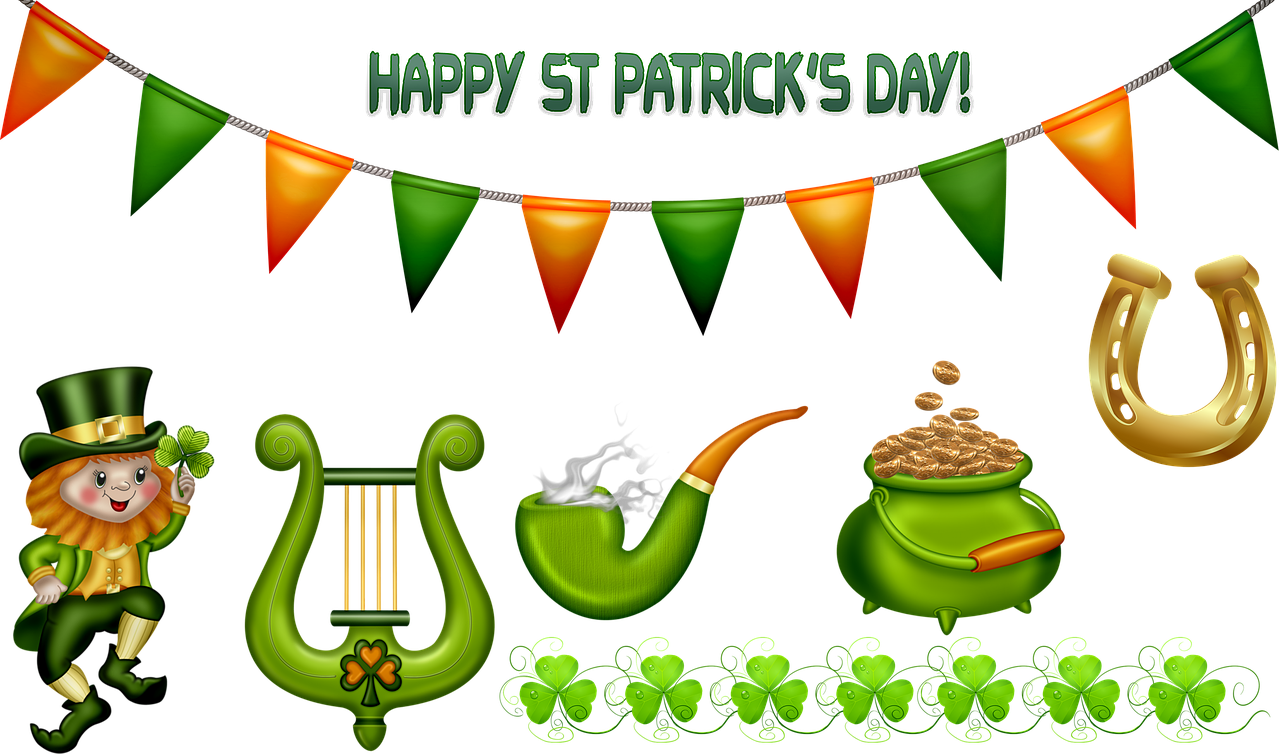 a set of st patrick's day icons, a digital rendering, by Brigette Barrager, shutterstock, digital art, on black background, 2 0 1 0 photo, instrument, happy!!!