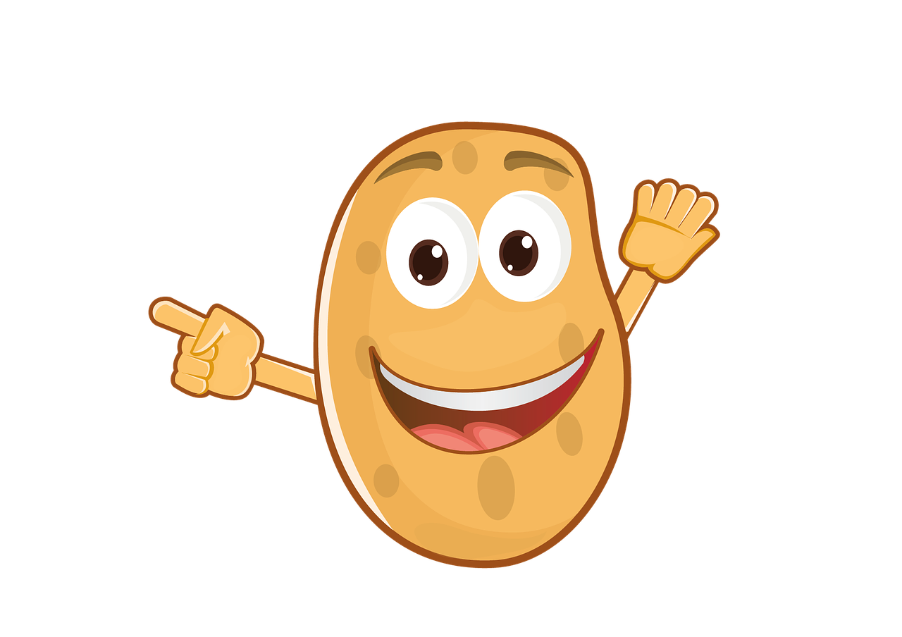 a close up of a cartoon potato on a black background, mingei, mascot illustration, waving at the camera, oval shape face, nut