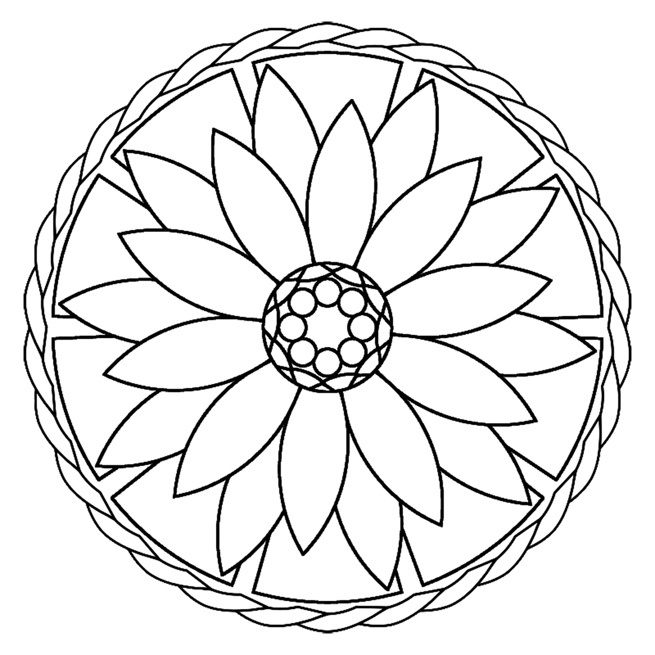 a black and white drawing of a flower, by Dennis Ashbaugh, pixabay, a beautiful buddhist mandala, sunflower stained glass, [ overhead view ]!!, simple lineart