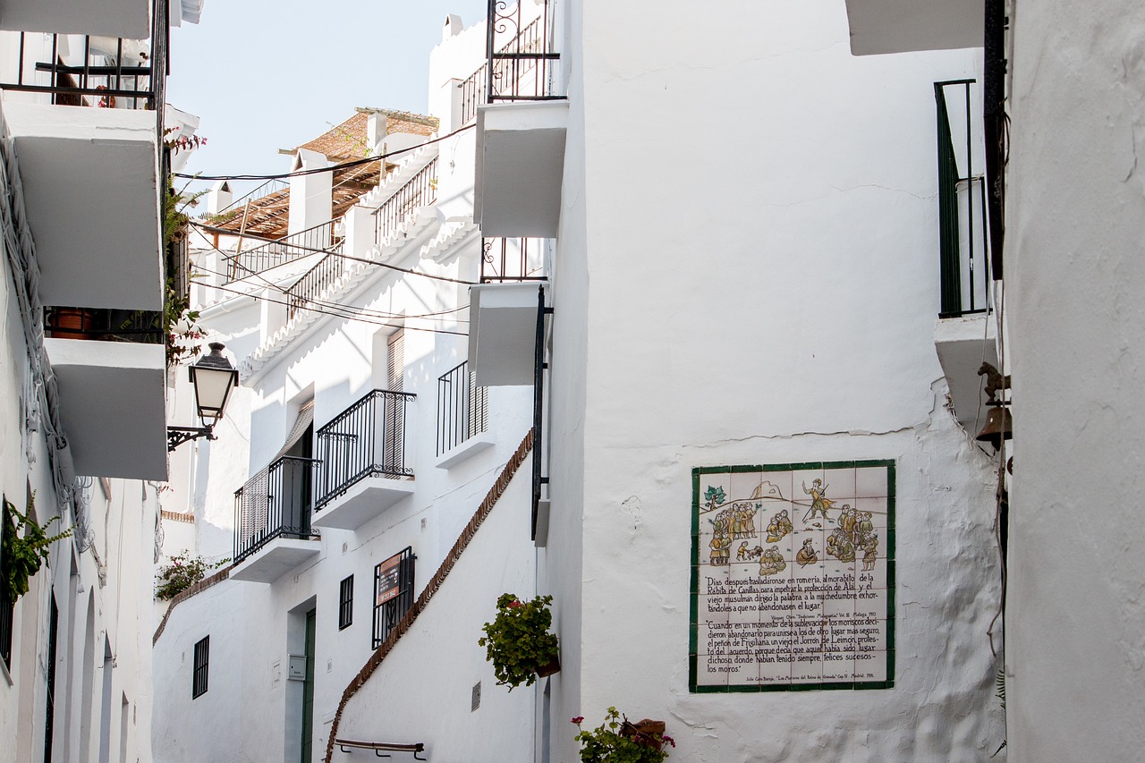 there is a sign on the side of a building, a picture, inspired by Francisco Zúñiga, unsplash, folk art, white houses, marbella landscape, green alleys, monument