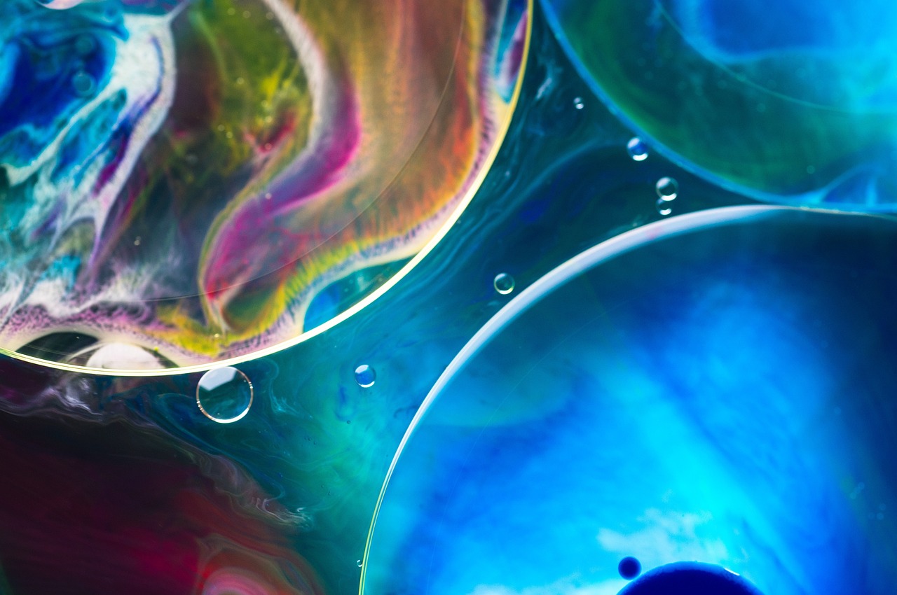 a close up of a bunch of water bubbles, by Jan Rustem, abstract art, beakers of colored liquid, dramatic closeup composition, circles, liquid oilpaint