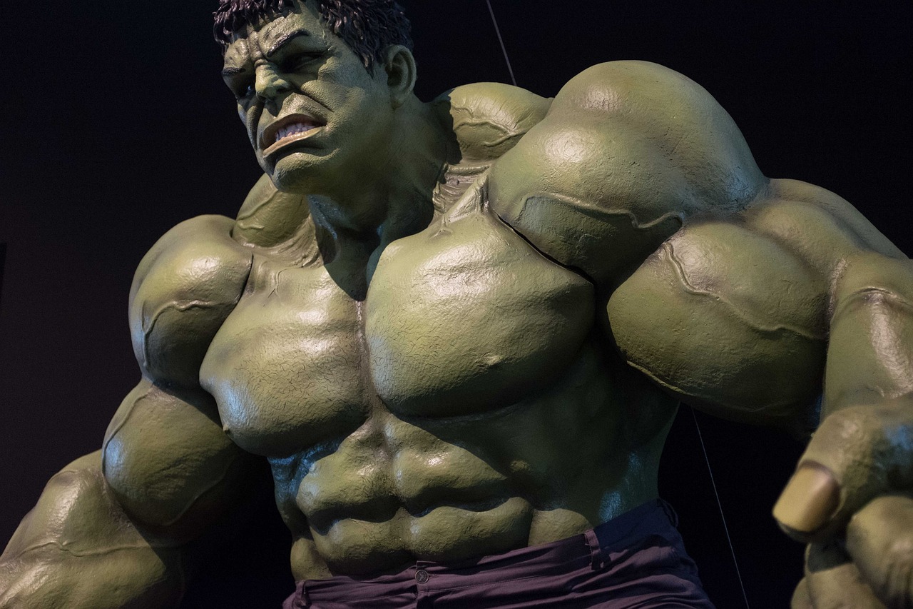 a close up of a statue of a hulk, by Arnie Swekel, pexels, wax figure, stock photo, 4k museum photograph, proportionally enormous arms