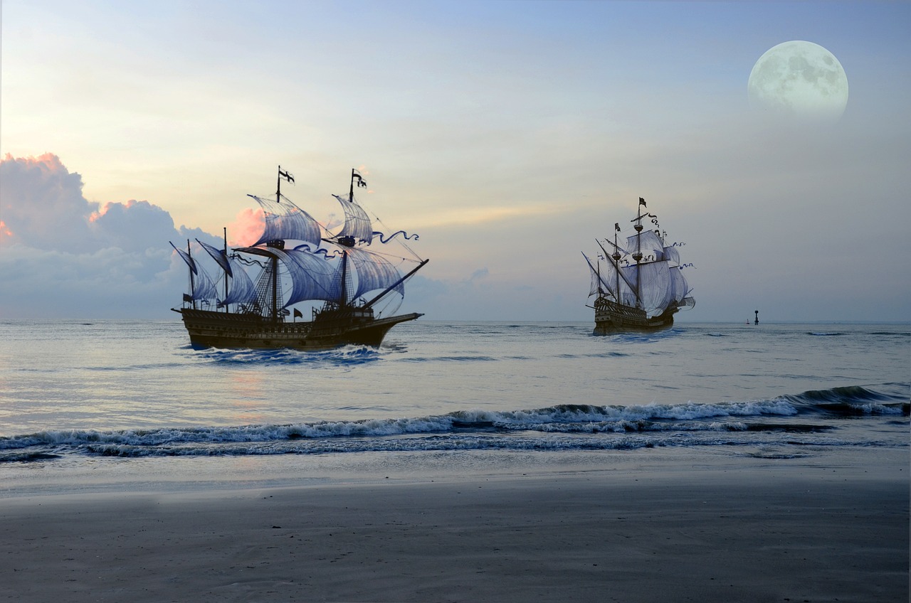 a couple of ships that are in the water, pixabay, renaissance, colonial exploration, beach, in formation, during dawn