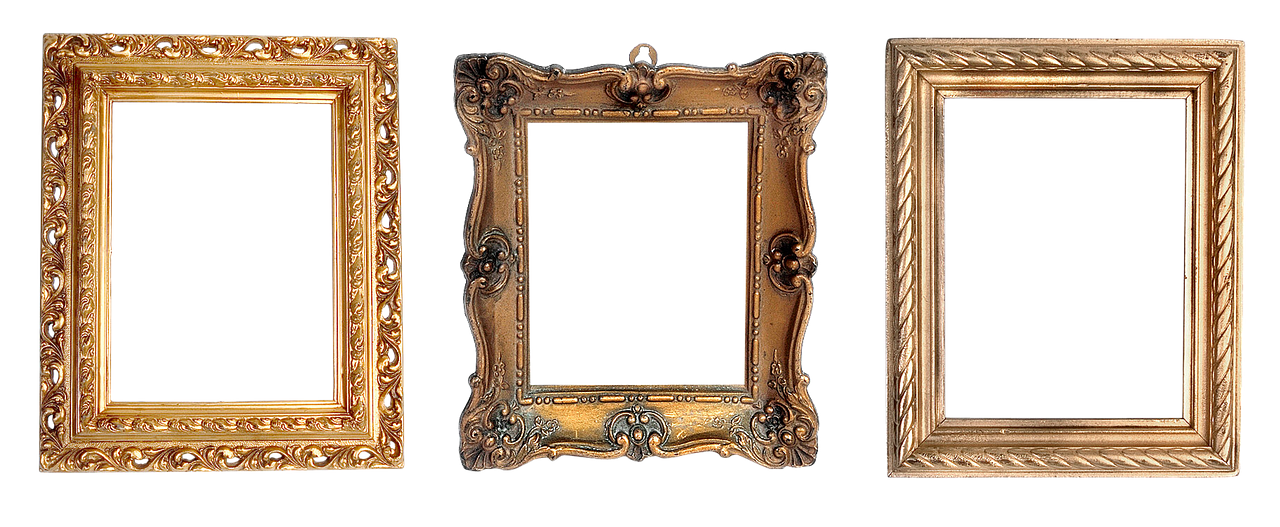 a couple of gold frames sitting next to each other, digital art, by Eugeniusz Zak, featured on zbrush central, baroque, square pictureframes, triptych, highly detailed oil-painting, panorama