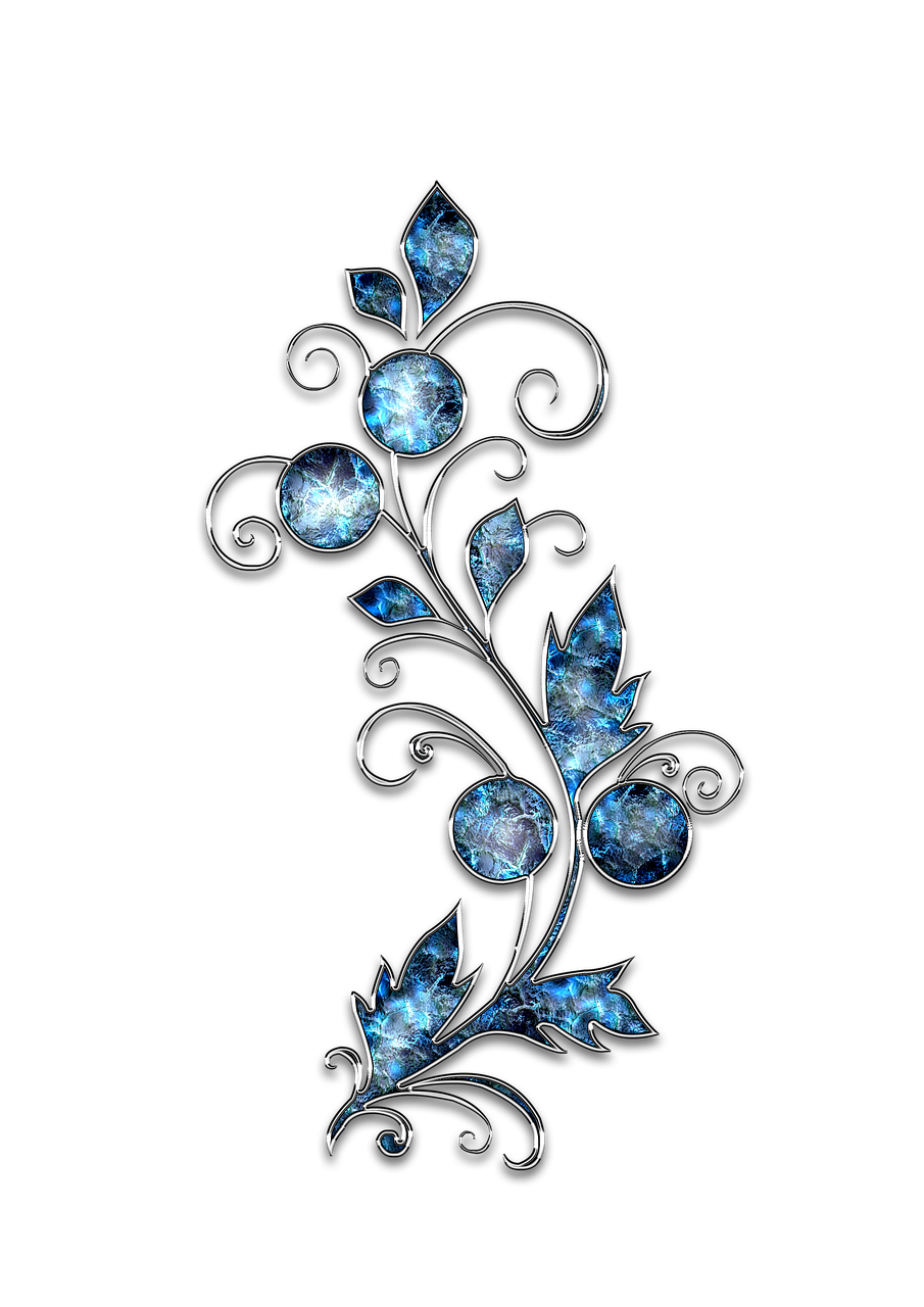 a blue flower on a black background, by Nikita Veprikov, digital art, silver ornaments, vine art, with crystals on the walls, phone background